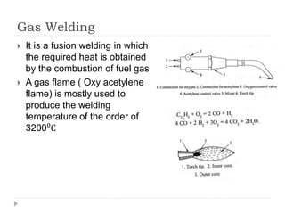Gas Welding
 It is a fusion welding in which
the required heat is obtained
by the combustion of fuel gas
 A gas flame ( Oxy acetylene
flame) is mostly used to
produce the welding
temperature of the order of
3200⁰C
 