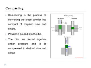Compacting
 Compacting is the process of
converting the loose powder into
compact of required size and
shape.
 Powder is poured into the die.
 The dies are forced together
under pressure and it is
compressed to desired .size and
shape
 