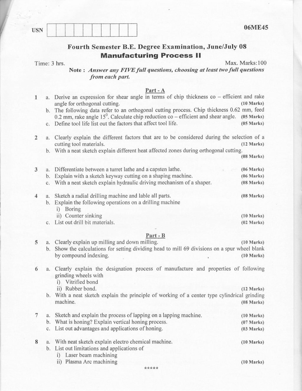 Manufacturing processII Question papers