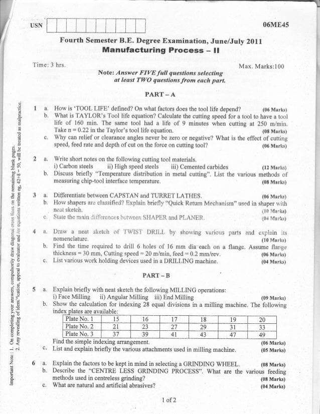 Manufacturing processII Question papers
