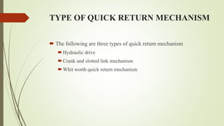 TYPE OF QUICK RETURN MECHANISM
 The following are three types of quick return mechanism
Hydraulic drive
Crank and slotted link mechanism
Whit worth quick return mechanism
 