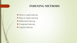 INDEXING METHODS
 Direct or rapid indexing
 Plain or simple indexing
 Differential indexing
 Compound indexing
 Angular indexing
 