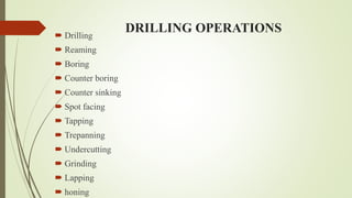 DRILLING OPERATIONS
 Drilling
 Reaming
 Boring
 Counter boring
 Counter sinking
 Spot facing
 Tapping
 Trepanning
 Undercutting
 Grinding
 Lapping
 honing
 