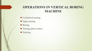OPERATIONS IN VERTICAL BORING
MACHINE
 Cylindrical turning
 Taper turning
 Boring
 Turning plain surface
 Necking
 