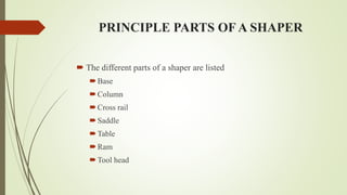 PRINCIPLE PARTS OF A SHAPER
 The different parts of a shaper are listed
Base
Column
Cross rail
Saddle
Table
Ram
Tool head
 