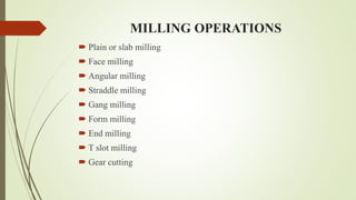 MILLING OPERATIONS
 Plain or slab milling
 Face milling
 Angular milling
 Straddle milling
 Gang milling
 Form milling
 End milling
 T slot milling
 Gear cutting
 