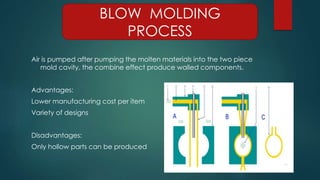 Air is pumped after pumping the molten materials into the two piece
mold cavity, the combine effect produce walled components.
Advantages:
Lower manufacturing cost per item
Variety of designs
Disadvantages:
Only hollow parts can be produced
BLOW MOLDING
PROCESS
 