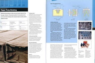 Forming Technology
Paper Pulp Molding
Molded pulp packaging is made entirely of waste material from
the paper industry. The process by which it is manufactured is
environmentally friendly as the recycled material needs only the
addition of water.
Low to moderate tooling costs
Low to moderate unit costs
Typical Applications
• Biodegradable flowerpots
• Packaging
Suitability
• Batch and mass production
Quality
• Variable
Related Processes
• Die cutting
• Molded expanded polystyrene
• Thermoforming
Speed
• Rapid cycle time (5-10 cycles per
minute)
• Drying time 15 minutes
>
INTRODUCTION
Molded paper pulp is a familiar material.
Although it has become associated
mainly with egg boxes, it is also used
extensively for packaging fruit, medical
products, bottles, electronic equipment
and other products. It is utilized as an
enclosure and as a lining, to protect and
separate the contents within a box (see
image, left).
Pulp packaging provides a useful
outlet for industrial and post-consumer
paper waste. Shredded paper and card
are mixed with water, pulped and
molded. It can be reused or recycled and
is completely biodegradable.
Air dried paper pulp moldings have a
smooth surface on i side only.The surface
quality is improved by wet pressing or
hot pressing after molding.
TYPICAL APPLICATIONS
The primary use of paper pulp molding
is for packaging. There are a couple of
exceptions, including biodegradable
flowerpots and even a lampshade.
RELATED PROCESSES
Molded expanded polystyrene (page 432),
thermoforming (page 30) and die-cut
corrugated card (page 266) are all used
for similar applications. As well as its
environmental benefits, paper pulp has
many other advantages; it is lightweight,
cushioning and protective, anti-static,
molded (increases versatility) and
relatively inexpensive.
QUALITY
Paper pulp is made up of natural
ingredients and so by its very nature
is a variable material. Even so, paper
Stage 2: Transfer
Pulp shell
Stage 3: Demold
Pulp build-up
Pulp stock
Mold tool
Stage 1: Molding
Paper Pulp Molding Process
Vacuum Tool mount
Stainless steel
gauze
TECHNICAL DESCRIPTION
The mold tool is typically machined
aluminium, and it is covered with a fine
stainless steel mesh (see image, top)
which acts like a sieve and separates
the water from the wood fibres. The tool
is covered with holes, roughly 10 mm
10.4 in.) apart, which provide channels for
the water to be siphoned up (see image,
middle).
The pulp stock is a mixture of 1.4%
pulped paper and water. In stage 1, it is
stirred constantly to maintain an even
mixture as the tool is dipped in it. The
molding is formed over the tool by a
vacuum, which draws water from the pulp
stock, and in doing so begins to dry out
the pulp shell that forms over it. The tool
is dipped in the stock long enough for it to
build up adequate wall thickness, typically
2-3 mm (0.79-0.118 in.). The vacuum is
constant, and in stage 2 it holds the pulp
onto the surface of the tool as it emerges
from the tank.
In stage 3, the pulp shell is demolded
into a transfer tool, which continues to
apply a vacuum. Typically this tool is
polyurethane, which is less expensive to
machine than aluminium. The transfer
tool places the pulp shell, which is now
only 75% water and self-supporting, onto
a conveyor belt. The shell is then warmed
and dried in an oven for about 15 minutes.
Alternatively, it is pressed into a hot tool
that dries it out rapidly.
pulp moldings are generally accurate to
within o.i mm (o.oo4in.).They can also
be made resistant to grease and water
with an additive known as 'beeswax'.
The smoothness of the molding is
improved by wet pressing or hot pressing
in the drying cycle. With such techniques
logos and fine text can be embossed
into the molding. Alternatively, parts
can be hot pressed in the final stage
of air drying.This technique is a cost
effective alternative to conventional hot
pressing, which requires up to 4 sets of
tools to accommodate the progressively
shrinking pulp molding.
DESIGN OPPORTUNITIES
The main advantage of paper pulp
molding compared to the related
processes is its environmental impacts.
Essentially, paper pulp packaging is
board formed into sheet geometries. It
is therefore typically not an added value
material. However, it can be coloured
and printed, foil blocked and blind
embossed. It is naturally grey or brown.
Top
The face oftilis tool is
covered with stainless
steel mesh.
Middle
The tool is covered with
holes, for water to be
drawn through it and a
pulp molding to form.
Above
Cull-U N packaging is
UN certifiedforthe
transportation of
hazardous chemicals.
The contents, in a
cardboard box, can be
dropped onto a steel
plate from 1.4m (4.6ft),
without breaking.
 