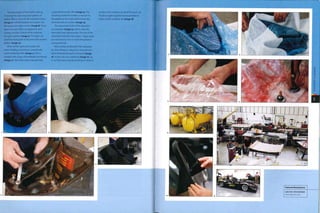 The second part of the mold 1s kid up
in exactly the same way. Each pattern of
carbon fibre is cut to fit the mold like a dress
(image 7). Profiled 'dobbers' are used to rub
the weave into tight corners (image 8). Three
layers of carbon fibre are applied to each
surface, and the 2 halves of the mold are
brought together (image 9). The layers are
carefully overlapped in the joint with another
dobber (image 10).
When all the layers are in place the
entire molding and tool are covered with
a permeable blue film (image 11). This is
overlaid with a layer of breathable membrane
(image 12). The mold is then placed inside
a pale pink hermetic film (image 13). The
resulting 'sandwich' enables a vacuum to
be applied on the mold, which forces the
laminate onto its surface (image 14).
The vacuumed mold is then placed in
an autoclave (image 15), which cures the
resin with heat and pressure. The size of the
autoclave limits the size of part - larger parts
are restricted to oven or room temperature
curing methods.
Many molds are placed in the autoclave
at 1 time because curing is a 2 hour process.
When finished, the part is removed (image
16). At the Lola Cars workshop (image 17), up
to 20 laminators may be working at 1 time to
produce the complete car. All of the parts are
finally brought together and assembled to
make up the complete car (image 18).
 