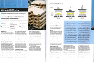 Costs
• Moderate tooling costs
• Low unit costs (3 to 4 times material
Typical Applications
• Automotive
• Building and construction
• Electrical and telecommunication
Suitability
• Medium to high volume production
Quality
• High strength parts with long fibre length
Related Processes
• Composite laminating
• Compression molding
• Injection molding
Speed
• Cycle time between 2-5 minutes
Compression molding is used to form dough molding compound
(DMC) and sheet molding compound (SMC) into structural and
lightweight parts. These processes bridge the gap between
composite laminating and injection molding.
INTRODUCTION
Combined with compression molding,
DMC and SMC have been used to replace
steel and aluminium in applications
such as automotive bodywork and
structural electronic enclosures.
DMC and SMC are typically glass
reinforced thermosetting materials
such as polyester, epoxy and phenolic
resin. DMC is also referred to as BMC
(bulk molding compound).There are
thermoplastic alternatives such as GMT
(glass mat thermoplastic), which is a
fibre reinforced polypropylene (PP). Other
types of reinforcement include aramid
and carbon fibre. In recent years natural
materials with suitable properties, such
as hemp, have been trialled in an attempt
to reduce the environmental impact of
these materials.
DMC is compression molded to
form bulk shapes. In contrast, SMC is
compression molded to form lightweight
sheet components with a uniform
wall thickness. Fibre length is longer in
SMC: the raw materials are available
with different weave patterns for
different structural applications.This
has significant mechanical advantages,
similar to those of laminated composites
(page 206).
A similar process, called pultrusion,
is used to produce continuous
lengths of fibre-reinforced plastic.
Instead of compressing the materials,
pultrusion draws fibre through abath
of thermosetting resin, which cures
to form a continuous profile similar
to extrusion. Pultrusion is the bridge
between filament winding (page 222)
and extrusion for continuous profiles.
TYPICAL APPLICATIONS
These materials can be mass-produced
and so are suitable for application in a
range of industries.
Thermosetting composite materials
have high resilience to dielectric
vibration, high mechanical strength
and are resistant to corrosion and
fatigue.These qualities make DMC
and SMC very useful in electrical and
telecommunication applications. Some
examples include enclosures, insulating
panels and discs.
The high volume, high strength and
lightweight characteristics of DMC and
SMC make them suitable for automotive
parts. Examples include body panels,
seal frames and shells, engine covers
and structural beams. Electric cars are
making use of these materials because
they combine mechanical strength with
high dielectric strength.
In the building and construction
sector, DMC and SMC are suitable for
door pan el s, fl oorin g an d roof coverin g
materials.They are very durable and so
are suitable for public space furniture
and signage.
Compression Molding DMC Process
Hydraulic ram
Locating pin
Static platen
Ejector pins
Stage 1: Load Stage 2: Mold Stage3: Finish
RELATED PROCESSES
Similar products can be made by
injection molding (page 50) and
composite laminating. Reinforced
injection molded products are
structurally inferior because the length
of the fibre is considerably shorter.
QUALITY
This is a very high quality process. Many
of the characteristics can be attributed
to the materials such as heat resistant
and electrically insulating polyester or
phenolic.Thermosetting plastics are
more crystalline and as a result are more
resistant not only to heat, but also to
acids and other chemicals.
Surface finish and reproduction of
detail is very good. The compression,
rather than injection, of material in the
die cavity produces parts with reduced
stress that are less prone to distortion.
DESIGN OPPORTUNITIES
The type of fibre reinforcement and
length of strand can be modified to suit
the requirements of the application.This
helps to reduce weight and maximize the
efficiency of the process.
Metal inserts and electrical
components can be over-molded.This
reduces secondary operations.
Step changes in wall thickness are not
a problem with DMC molding.
TECHNICAL DESCRIPTION
The diagram illustrates compression
molding DMC. SMC is a similar
process, except that it is used for sheet
profiles as opposed to bulk shapes.
The molding compound is a mixture of
fibre reinforcement and thermosetting
resin; DMC is made up of chopped fibre
reinforcement, whereas SMC contains
sheets of woven fibre reinforcement.
The sequence of operation is the same
for both and includes loading, molding
and de-molding. In stage 1, a measure of
DMC or SMC is loaded into the die cavity in
the lower tool. Metal inserts with locating
pins are loaded into slots. They are in
line with the direction of ejection because
otherwise the part would not release
from the mold.
In stage 2, the upper tool is gradually
forced into the die cavity. It is a steady
process that ensures even distribution of
material throughout the die cavity.
Thermosetting material plasticizes
at approximately 115°C (239° F) and is
cured when it reaches 150°C (302°F)(
which takes 2-5 minutes. In stage 3, the
parts of the mold separate in sequence.
If necessary, the part is relieved from the
lower or upper tool with ejector pins.
It is a simple operation but is suitable
for the production of complex parts.
It operates at high pressure, ranging
from AO to 400 tonnes UA-WI US tons),
although 150 tonnes (165 US tons) is
generally the limit. The size and shape
of the part will affect the amount of
pressure required. Greater pressures
will ensure better surface finish and
reproduction of detail.
DESIGN CONSIDERATIONS
Colours are applied by spray painting
(page 350) because the thermosetting
resins in DMC and SMC have a limited
colour range.
As with injection molding, there are
many design considerations that need
to be taken into account when working
with compression molding. Draft angles
can be reduced to less than o.50,if both
the tool and the ejector system are
designed carefully.
The size of the part can be 0.1-8 kg
(0.22-17.64 lb) on a400 tonne (441 US
ton) press.The dimensions are limited by
the pressure that can be applied across
the surface area, which is affected by part
g eom etry an d design. An oth er m aj or
factor that affects part size is venting
gases from the thermosetting material
as it cures andheats up.This plays an
important role in tool design, which aims
to get rid of gasses with the use of vents
and clever rib design.
o
>
z
a
en
2
o
S
o
r*
a
 