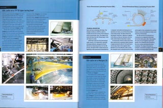 Case Study
3DL sails on a TP 52 type racing boat
Featured Manufacturer
North Sails
www.northsails.com
The TP 52 type racing boat (rmage i) has here
been fitted with North Sails 3DL composite
sails. The process starts with a bespoke sail
design (flying shape), because each boat
requires a slightly different shape. There are a
range of sizes possible from 10 m2 to 500 m2
(108-5,382 ft2). The shape of the molds is
computer guided, so they can be adjusted for
many different sail shapes (images 2 and 3).
The PET film is laid across the mold
(image 2) and pulled tight with tensioning
straps. The 6-axis computer controlled gantry
lays down the strands of carbon fibre
(image 4). An operator in a hang-gliding
harness inspects the sail (image 5).
The PET and fibre are vacuum bagged
and held under pressure. An operator
then moves over the sail applying heat to
thermally form the composite over the
mold surface, using either a conductive
heating system in contact with the
laminate surface (image 6), or an infrared
heating system that travels above the
laminate surface (image 7), depending on the
fibre in the sail. The finished laminate is
Inspected after curing and left for a
further 5 days to ensure that the adhesive
has reached its full bond strength.
When the sail has fully cured, corner
reinforcements, batten pockets, eyelets,
and other details are applied by sail
makers using traditional cutting and
sewing techniques.
nuiwuiii!"''-
Three-Dimensional Laminating Process I3DLJ Three-Dimensional Rotary Laminating Process (3Dr)
Supply reel Rotating drum
TECHNICAL DESCRIPTION
Each sail has an individual 3D shape. The
designer produces a CAD file, which is
transferred onto the surface of the mold by a
series of pneumatic rams. The shape of the
mold will determine the 'flying shape' of the
sail when it is made.
A PET film is laid over the mold and put
under tension. It is coated with a specially
developed adhesive, designed for North
Sails by its industrial partners for the 3DL
process. Strands of fibre reinforcement are
applied by a fibre placement head guided by
Pneumatic
rams
Heat and vacuum
pressure applied
a computer controlled overhead gantry. It
operates on 6 axes, so can follow the profile
of the mold exactly. The fibres follow the
anticipated 'load lines'. Adhesive is applied
to the fibres as they are laid down onto the
mold, which helps to keep them in place.
A second layer of film is laid on top of the
fibres and forced to laminate under pressure
at approximately 8.6 N/cm2 (12.5 psi) from a
vacuum bag. Heat is then applied with a
blanket to cure the adhesive. After curing,
the composite sail is removed from the mold
and brought to the curing floor for a further
5 days to ensure the adhesive is fully cured
and will not delaminate.
The 3Dr process is carried out on a
rotating drum as opposed to the static
horizontal mold used in 3DL. This enables
the sails to be put together much more
quickly. The composite sail is formed as
the drum rotates and leaves the drum
completed. The shape of the drum is
computer controlled to produce 2-directional
curvature; the flying shape of the sail.
Case Study
3Dr sails on a Melges 24
A more recent development at North
Sails has been to make sails using rotary
molds (sDr), which is a more rapid and
cost effective process for sailmaking.The
Melges 24 racing boat is fitted with a 3Dr
laminated sail (image 1).
The rotating drum contains about
2000 actuators, which shape the surface
into complex curvatures describing the
flying shape of a sail. The shape of the
drum is manipulated to accommodate
the change in shape along the length
of the sail. The drum surface is shaped
to curve in 2 directions simultaneously,
using the principals of Gaussian
curvature (images 2-4).
Fibre reinforcement is applied to the
bottom PET film, which rotates on the
drum (image 5). The sail leaves the drum
fully formed in 3 dimensions. Finishing
touches are applied by skilled sail makers.
Featured Manufacturer
North Sails
www.northsails.com
 
