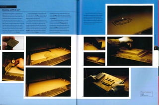 Building a DMLS part
The DMLS process builds a metal part from
data within a .stl file. To make the process
more efficient, each layer of the build is not
completely filled in by the laser, The part is
broken up into 3 main elements, which are
the outer skin, the inner skin and the core. For
every 3 layers of metal powder that are spread
the outer skin is sintered 3 times, the inner
skin is sintered twice and the core is sintered
only once. A cross-section of atypical DMLS
part shows the outer skin, inner skin and core,
visible in the different tones (image 1).
A steel build plate is set precisely inside
the build chamber (image 2). Its thickness is
13-45 mm (0.51-0.77 in.), depending on the
depth of part to be built on it.
The fine metal powder used to form this
part comprises spheres of nickel-bronze alloy,
20 microns (0.00078 in.) in diameter.The
powder is sieved into the delivery chamber
and then spread evenly across the build area
in preparation for the first pass of the laser
(image 3). When the build area is ready for
sintering to begin (image 4), the CO2 laser
is guided across the surface layer by a CNC
mirror (image 5). After each pass of the laser,
a new layer of powder is spread over the build
area (image 6).
Once building is complete, the build
platform is raised (image 7), the excess
powder is brushed away (image 8) and
the steel plate removed with the part still
attached (image 9). The part is eventually
removed from the steel build plate by
EDM wire cutting (see electrical discharge
machining, page 254).
This part will be used as an insert in
an injection molding tool. Some 20,000-
30,000 components can be produced
with the part before any significant wear
occurs. Harder metal alloy powders will
produce 100,000-200,000 parts from a
single impression tool.
Featured Manufacturer
CRDM
www.crdm.co.uk
 