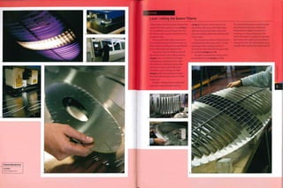 Case Study
Laser cutting the Queen Titania
Alberto Meda and Paolo Rizzatto designed the
Queen Titania for Luceplan in 2005 (Image 1),
It is a modified (1.4 m/4.6 ft long) version of
the Titania, which was first manufactured by
Luceplan in 1989.
The structure of the light is reminiscent
of an aeroplane wing.The parts are laser cut
from a sheet of aluminium and assembled to
form a lightweight and rigid structure.
The process starts by loading a sheet of
aluminium into the laser-cutting machine
(image 2). This is an Nd:YAG and oxygen
cutting process operating at 5oo watts.
The machine is capable of cutting sheet
steel up to 25 mm (0.98 in.) thick and
aluminium up to 5 mm (0.2 in.) thick
(image 3). Aluminium produces a larger
HAZ (heat-affected zone) and so is trickier
to laser cut.
The laser cutting process is rapid: each
sheet takes only 8 minutes to process
(image 4). The parts on this sheet do not
necessarily make up an entire light. Many
lights are made in each batch, and so the
parts are nested to optimize production and
reduce waste.
The cut parts do not have to be de-burred
or treated in any other way, which Is a major
advantage of laser cutting. Each part is
removed from the sheet and hung up ready
for assembly (images 5 and 6).
The light is assembled in 2 halves, which
are joined by riveting (images 7 and 8).
The assembled structure is anodized (page
360) before the electronic and lighting
components are added. The reason for
anodizing is to ensure longevity of the
finish of the light. The surface of untreated
aluminium Is less stable and more likely to
change over time.The surface finish is grey,
and light filters produce the vibrant colours.
 