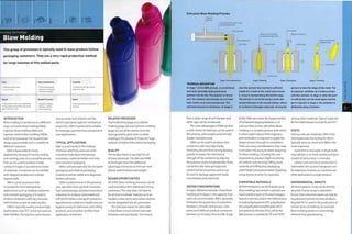 Forming Technology
Blow Molding
This group of processes is typically used to mass produce hollow
packaging containers. They are a very rapid production method
for large volumes of thin walled parts.
1 Moderate tooling costs
1 Low unit costs
Quality
• High quality, uniform thin walled parts
• High quality surface finish that can be
gloss, textured or matt
Typical Applications
• Chemical packaging
• Consumer packaging
• Medical packaging
Related Processes
• Injection molding
• Rotation molding
• Thermoforming
Suitability
• Suitable only for high volume
production runs
Speed
• Very rapid cycle time (typically 1-2
minutes)
INTRODUCTION
Blow molding is carried out In 3 different
ways: extrusion blow molding (EBM),
injection blow molding (IBM) and
injection stretch blow molding (ISBM).
Each of the processes has its particular
design opportunities and is suitable for
different industries.
EBM is favourable for many
applications because it has low tooling
and running costs. It is a versatile process
that can be used to produce a wide
variety of shapes in an extensive choice
of materials. Containers can be molded
with integral handles and multiple
layered walls.
IBM is a precise process that
is suitable for more demanding
applications such as medical containers
and cosmetic packaging. It is used to
produce containers with very accurate
neck finishes as well as wide mouths.
ISBM is typically used to produce high
quality glass clear PET containers such as
water bottles. The injection cycle ensures
very accurate neck finishes and the
stretch cycle gives superior mechanical
properties. ISBM is particularly suitable
for beverage, agrochemical and personal
care applications.
TYPICAL APPLICATIONS
EBM is used mainly in the medical,
chemical,veterinary and consumer
industries to produce intravenous
containers, medicine bottles and vials,
and con sum er packaging.
IBM is utilized especially for consumer
packaging and medical packaging
(medicine bottles, tablet and diagnostic
bottles and vials).
ISBM is predominant in the personal
care, agrochemicals, general chemicals,
food and beverages and pharmaceutical
industries to produce carbonated and
soft drink bottles, cooking oil containers,
agrochemical containers, health and oral
hygiene products, bathroom and toiletry
products, and a number of other food
application containers.
RELATED PROCESSES
Thermoforming (page 30),rotation
molding (page 36) and injection molding
(page 50) can all be used to form the
same geometry parts. Even so, blow
molding is the process of choice for large
volumes of hollowthin walled packaging.
QUALITY
The surface finish is very high for all
of these processes.The IBM and ISBM
technologies have the additional
advantage of precise control over neck
details, wall thickness and weight.
DESIGN OPPORTUNITIES
All of the blow molding processes can be
used to produce thin walled and strong
containers.The neck does not have to
be vertical or tubular. Features such as
handles, screw necks and surface texture
can be integrated into all 3 processes.
The principal reason to select I BM
is that there is more control over wall
thickness and neck details.This means
Extrusion Blow Molding Process
Polymer
granules
Conventional extrusion screw
and barrel assembly
fj11
{=^
1 Extrusion die
.
O
Extrused parison
Split mold
u
Part sealed
Blow pin removed
Molds open
ft
w
Flash removed with
profiled cutter
Finished part
Stage 1: Extruded parison
TECHNICAL DESCRIPTION
In stage 1 of the EBM process, a conventional
extrusion assembly feeds plastlcized
polymer into the die. The polymer is forced
over the mandrel and emerges as a circular
tube, known as an extrused parison. The
extrusion process Is continuous. In stage 2,
Stage 2: Blowing Stage 3: Demolding
A
Stage A: Trimming
once the parison has reached a sufficient
length the 2 sides of the mold close around
It. A seal Is formed along the bottom edge.
The parison Is cut at the top by a knife and
moved sideways to the second station, where
air Is blown In through a blow pin, forcing the
parison to take the shape of the mold. The
hot polymer solidifies as It makes contact
with the cold tool. In stage 3, when the part
Is sufficiently cool the mold opens and the
part Is ejected. In stage U, the container Is
deflashed using a trimmer.
that a wider range of anti-tamper and
other caps can be introduced.
The main advantages of EBM are that
a wide choice of materials can be used in
this process, and complex and intricate
shapes manufactured.
ISBM can be used to produce clear
containers with very high clarity.
Stretching the pre-form during blowing
greatly increases the mechanical
strength of the container by aligning
the polymer chains longitudinally.These
containers also have good gas and
solvent barrier properties and so can
be used to package aggressive foods,
concentrates and chemicals.
DESIGN CONSIDERATIONS
A major difference between these blow
molding techniques is the capacity that
each can accommodate. IBM is generally
limited to the production of containers
between 3 ml and 1 litre (0.005-1.760
pints) and ISBM can produce containers
between 50 ml and 5 litres (0.088-8.799
pints). EBM can create the largest variety
of containers ranging between 3 ml
and 220 litres (0.005-387 pints). Blow
molding is a complex process with which
to work. Expert advice from engineers
and toolmakers is required to guide the
design process through to completion.
There are many considerations that need
to be taken into account when designing
for blow molding, including the user
(ergonomics), product (light sensitivity
of contents andviscosity), filling (neck,
contents and filling line), packaging
(shelf height) and presentation (labelling
using sleeves or print, for example).
COMPATIBLE MATERIALS
All thermoplastics can be shaped using
blow molding, but certain materials are
more suited to each of the technologies.
Typical materials used in the EBM process
include polypropylene (PP), polyethylene
(PE), polyethylene terephthalate (PET)
and polyvinyl chloride (PVC), while the
IBM process is suitable for PP and HDPE
among other materials.Typical materials
for the ISBM process include PE and PET
COSTS
Tooling costs are moderate. EBM is the
least expensive, the tooling for I BM is
typically twice as much and ISBM is the
most expensive.
Cycle time is very rapid. A single mold
may contain ic or more cavities and eject
a batch of parts every 1-2 minutes.
Labour costs are low, as production is
automated. Set-up and changeover can
be expensive, however, so machines are
often dedicated to a single product.
ENVIRONMENTAL IMPACTS
All thermoplastic scrap can be directly
recycled. Process scrap is recycled in-
house. Post-consumer waste can also be
recycled and turned into new products.
Recycled PET is used in the production of
certain items of clothing, for example.
Blow molding plastics is more energy
efficient than glassblowing.
 