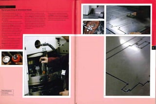 Case Study
Featured Manufacturer
Cove Industries
www.cove-industries.co.uk
The turret punch is loaded with a series of
matching punches and dies (image i).The
orange surround on the punch is the stripper,
which makes sure the punch can retract from
the wofkpiece.
The die set is loaded into the turret and
their location programmed into the computer
guiding software (iinage 2). Optimization
software ensures that the punch selected
is the most efficient for each cut. Many
different tools may be used for a single part,
all of which are pre-loaded into the turret.
Changeover time can be lengthy, and all
the while the machine is not working it is
losing money.
Parts are nested together on a sheet to
minimize scrap. The punching operation
takes less than 2 minutes for these parts
(image 3). The sheet is moved around on
the roller bed and the turret rotates to
select the die set for each operation.
Each cycle produces a small piece of scrap,
which is siphoned into a collection basket for
recycling (image 4). In a blanking operation,
these pieces of metal are the workpiece. Many
of the pieces, such as squares and circles, are
from straightforward punching operations.
The crescent shaped part was produced by a
nibbling operation, in which a circular punch
makes a larger diameter hole with many
overlapping cuts,
The cut out part is inspected and cleaned
up (image 5). Tabs maintain the blank in the
sheet until it is further processed (image 6).
In this case, the metal blanks are formed into
enclosures by press braking (page 148).
 