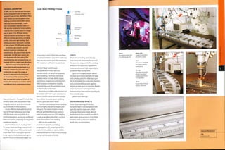 Laser Beam Welding Process
Laser beam
delivered via mirrors
or fibre optic cables
Workpiece
TECHNICAL DESCRIPTION
In LBW, the COz, Nd;YAG and fibre laser
beams are guided to the workpiece by a
series of fixed mirrors. Nd:YAG and fibre
laser beams can also be guided to the
welding or cutting head by fibre optics,
which has many advantages. These
laser technologies typically weld at 7
kW, which is suitable for fusion welding
8 mm (0.315 in.) carbon steel in a single
pass at up to 1.5 m (5 ft) per minute.
These processes can be used for many
different welding operations, including
profile, rotary and spot welding. Spot
welding processes have been recorded
at rates of up to 120,000 welds per hour.
A shielding gas is used to protect
the melt zone from oxidization and
contamination. Because of their shorter
wavelength, Nd:YAG laser beams can
also be guided with fibre optics. This
means that they can cut along 5 axes, as
the head is free to rotate in any direction.
The laser beam is focused through
a lens that concentrates the beam to a
fine spot, between 0.1 mm and 1 mm
(0.004-0.04 in.) wide. The height of
the lens is adjusted to focus the laser
on the surface of the workpiece. The
high concentration beam is capable of
melting the workpiece on contact, which
resolidifies to form a homogenous bond.
massproduction.Thep ayoff i s th at th ey
are very rapid: EBW can produce high
integrity welds at up to io m/minute
(33 ft/minute) in thick sections.
For an effective butt weld the joints
have to fit tight tolerances and align
with the beam very accurately. As a
result, preparation can also be costly and
time-consuming, especially for large and
cumbersome parts.
Material thickness is much greater
for power beam welding than with arc
welding. High power EBW can be used
to join steel from 1 mm up to 150 mm
(0.04-5.91 in.) thick, aluminium up to
450 mm (17.72 in.) thick and copper up
to 100 mm (3,94in.) thick. Nor are these
processes limited to very thick materials;
they are also used to join thin sheet and
film materials with extreme precision.
COMPATIBLE MATERIALS
Many different ferrous and non-
ferrous metals can bejoined by power
beam welding. The most commonly
welded metals include steels, copper,
aluminium, magnesium and titanium.
EBW, however, is limited to metallic
materials because the workpiece must
be electrically conductive.
Aluminium is highly reflective but can
be welded with both lasers and electron
beams. Certain alloys are more suitable
than others for power beam welding,
such as 5000 and 6000 series'.
Titanium can be power beam welded,
but it is highly reactive to oxygen and
nitrogen.This means that it is more
difficult and therefore more costly to
weld.Tungsten inert gas (TIG) welding
is used as an alternative but is up to 10
times slower than laser welding.
LBW can be used to join
most thermoplastics, including
polypropylene (PP), polyethylene (PE),
acrylonitrile butadiene styrene (ABS),
polyoxymethylene (POM) acetal and poly
methyl methacrylate (PMMA).
COSTS
There are no tooling costs, but jigs
and clamps are necessary because of
the precision required for the welding
process to be successful. Equipment
costs are extremely high, especially for
processes that involve EBW.
Cycle time is rapid, but set-up will
increase cycle time, especially for large
and complex parts. For EBW each part
has to be loaded into a vacuum chamber
and a considerable vacuum applied,
which can take up to 30 minutes. Mobile
reduced pressure techniques have
lowered set-up time and increased cycle
time considerably.
Labour costs are high.
ENVIRONMENTAL IMPACTS
Power beam welding efficiently
transmits heat to the workpiece, EBM
typically requires a vacuum, which
is energy intensive to create. Recent
developments have made it possible to
weld steels up to 40 mm (1.57 in.) thick.
However, weld quality and width to
depth ratio are diminished.
Above right
A robot manipulates
the Nd:YAG lasers.
Right
The process of NchYAG
laser beam welding
commences.
Far right
This detail shows the
Nd:YAC laser beam
welding head while it
is in operation.
Below
Detail of the finished
NdrYAG laser weld.
Above
An operator checks the
CO2 LBW equipment.
 