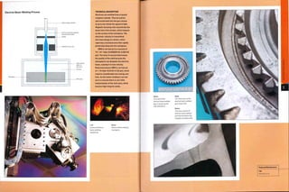 Electron Beam Welding Process
High voltage cathode
w
Workpiece
l
11
, Electron particles agitated
between electrodes
. Anode
Magnetic focus coil
High velocity
beam of
electrons
Vacuum
Melt zone
TECHNICAL DESCRIPTION
Electrons are emitted from a heated
tungsten cathode. They are pulled
and accelerated into the gun column
at up to two-thirds the speed of light.
Magnetic focusing coils concentrate the
beam into a fine stream, which impacts
on the surface of the workpiece. The
electrons' velocity is transmitted
into heat energy on contact, which
vaporizes a localized area that rapidly
penetrates deep into the workpiece.
EBW is carried out in a vacuum of
lO'MO"2 mbar 10.000000U5-0.000U5
psi). The level of vacuum determines
the quality of the weld because the
atmosphere can dissipate the electron
beam, causing it to lose velocity.
Reduced pressure EBW is carried out
at 1-10 mbar 10.0145-0.145 psil, which
requires considerably less energy and
time. As the fusion welding is carried
out in a vacuum there is very little
contamination of the melt zone, which
ensures high integrity welds.
Left
Apiece of electron
beam welding
equipment.
NV?
Above
Electron beam welding
in progress.
Above
The scale of this
electron beam welded
gear is shown by the
ruler beneath it.
Below
This cross-section of
electron beam welded
joint demonstrates the
integrity of a deep weld.
Featured Manufacturer
IB
o
aJ
CD
O
z
o
TWI
www.twi.co.uk
 