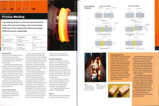 RFW. LFW and OFW: No tooling costs
FSW: Inexpensive tooling costs
Low to moderate unit costs
Typical Applications
• Aerospace
• Automotive and transportation
• Shipbuilding
Suitability
• High volume production
Quality
• High integrity hermetic seal
• High strength joint that can have similar
characteristics to base material
Related Processes
• Arc welding
• Power beam welding
• Resistance welding
Speed
• Rapid cycle time that depends on size
of joint
Forge welding processes are used to form permanent joints in
metals. There are U main techniques: rotary friction welding
(RFW), linear friction welding (LFW), orbital friction welding
(OFW) and friction stir welding (FSW).
INTRODUCTION
The 4 main friction welding techniques
can be separated into 2 groups:
conventional techniques including LFW,
OFW and RFW processes; and a recent
derivative, FSW.
LFW, OFW and RFW operations weld
materials with frictional heat generated
by rubbing the joint interface together.
The joint plasticizes and axial pressure is
applied, forcing the materials to coalesce.
The rotary technique (see main image)
was the earliest and is the most common
of the friction welding techniques.
In FSW the weld is formed by a
rotating non-consumable probe (tool),
which progresses along the joint mixing
the material at the interface (see image,
page 396, above left).
TYPICAL APPLICATIONS
Application of these processes is
concentrated in the automotive,
transportation, shipbuilding and
aerospace industries.
In the automotive industry, RFW is
usedfor critical parts including drive
shafts, axles and gears. LFW is utilized to
join engine parts, brake discs and wheel
rims. OFW has not yet found commercial
application in metals, but is utilized
in the plastics industry (see vibration
welding, page 298). FSW is used to join
flat panels, formed sheets, alloy wheels,
fuel tanks and space frames.
The first commercial application of
FSW was in the shipbuilding industry,
for welding extruded aluminium
profiles into large structural panels.
This has benefits for many industries:
for example, the railway one, in the
construction of prefabricated structural
components in train carriages (see
images, page 297, above, top right and
above right). FSW is suitable as it causes
very little distortion in the welded parts,
even across long joints in thin sections.
Recently, FSW has been introduced
into the consumer electronics industry,
such as in the fabrication of Bang &
Olufsen aluminium speakers (see
images, page 297, above left and left).
RELATED PROCESSES
Even though the welds are of similar
quality, friction welding is not as widely
used as arc welding (page 282) and
resistance welding (page 308).This
is mainly because it is a more recent
development: for example,TWI patented
friction stir welding only in 1991. It is also
because friction welding is a specialized
technique, and the equipment costs are
extremely high.
Friction welding does not take the
weld zone above melting point, so this
process can join metals that are not
suitable for fusion welding by arc or
power beam welding (page 288).
Friction welding plastics is known as
vibration welding (page 298).
QUALITY
Friction welding produces high integrity
welds. Butt joints are fused across the
Friction Welding
Processes
Rotary friction welding
Stage 1: Load
Plasticized metal
Stage 2: Friction through rotation
Weld flash
Stage 3: Axial pressure
Linear friction welding
CLamps Workpiece
Stage 1: Load
Interface plasticizes
Reciprocating
motion
Stage 2: Friction through  j Axial pressure
rubbing
Weld flash
Stage 3; Axial pressure
Axial pressure
Above
This titanium blistc
(i-piece bladed disc) for
]et engines is made by
linear friction welding.
Right
These beech blocks have
been joinedby linear
friction welding.
Another technique uses stored energy
and is known as inertia friction welding.
In this process the spinning workpiece
is attached to a flywheel. Once up to
speed, the flywheel is left to spin freely.
The parts are brought together and the
stored energy in the flywheel spins the
parts sufficiently for a weld to form. The
process Is similar to RFW, except that a
mandrel Is used to maintain the Internal
diameter of the pipe.
LFW and OFW are based on the same
principles as RFW. However, instead of
rotation, the parts are oscillated against
one another. In stage 1, the 2 workpleces
are clamped. In stage 2, the joint Interface
is heated by rubbing the parts together.
In stage 3, axial force Is Increased and
maintained until the joint has formed.
LFW typically operates at frequencies
up to 75 Hz and amplitudes of ±3 mm
10.118 in.). These processes were
developed for parts that are not suitable
for rotary techniques.
TECHNICAL DESCRIPTION
The use of RFW Is limited to parts where
at least 1 part Is symmetrical around
an axis of rotation. In stage 1, the 2
workpleces are secured onto the chucks.
In stage 2,1 of the parts is spun while
the other is stationary. They are forced
together, and friction between the 2
faces causes the metal to heat up and
plastlclze. In stage 3, after a specified
time - a minute or so - the spinning
stops and the axial force Is Increased to
20 tonnes or so. Flash forms around the
circumference of the joint and can be
polished off afterwards.
 