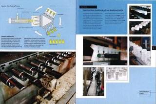 Injection Blow Molding Process
Polymer granules
Blowing mold
Conventional injection screw
and barrel assembly Pre-form mold
Stage 2: Blowing
Stage 1: injection molding the pre-form
Stripper
TECHNICAL DESCRIPTION
The IBM process is based on a rotary table
that transfers the parts onto each stage
in the process. In stage 1, a pre-form is
injection molded over a core rod with
finished neck details. The pre-form and
Stage 3: Stripping
blowing station. In stage 2, air is blown into
the pre-form forcing the parison to take the
shape of the mold. In stage 3. after sufficient
cooling, the part is rotated through 120° and
stripped from the core rod complete. No
Staged: Final product
core rod are transferred through 120° to the trimming or deflashing is needed.
5*
r.
/
A
$3
• >
K
r
* '
'
ection blow molding a roll-on deodorant bottle
The polished core rods are prepared so the
pre-forms can be injection molded onto
them (image i). Each core rod is inserted
into a split mold and hot molten white PP is
molded around it. The necl< is fully formed
(image 2). The parts are rotated through
120° and are inserted into the blowing
mold. Air is blown in through the core rod
and the plastic is forced to take the shape
of the mold cavity. The polymer solidifies
when it makes contact with the relatively
cooler walls of the mold (image 3). The parts
are stripped from the core rods (image 4),
counted by a laser sensor (image 5) and
pressure tested (image 6). The parts (image
7) are then fed into a filling and capping
system similar to the EBM process.
Featured Manufacturer
Polimoon
www.poiimoon.com
 