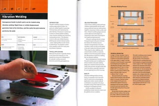 Joining Technology
Vibration Welding
Homogenous bonds in plastic parts can be created using
vibration welding. Rapid linear or orbital displacement
generates heat at the interface, and this melts the joint material
and forms the weld.
Low to moderate tooling costs
Low unit costs
Typical Applications
• Automotive
• Consumer electronics
• Packaging
Suitability
• Medium to high volume production
INTRODUCTION
Vibration welding is based on friction
welding (page 294) principles.The
parts are rubbed together to generate
frictional heat, which plasticizes the
joint interface. The process is carried out
as linear or orbital vibration welding.
Linear vibration welding uses transverse,
reciprocating motion - the vibration
occurs in only 1 axis. Orbital vibration
welding uses constant velocity motion
- a non-rotating offset circular motion
in all directions.The vibration motion
occurs equally in both the x andy axes
and all axes in between.
TYPICAL APPLICATIONS
Although this process is typically utilized
in the automotive industry, it is now
steadily becoming more widespread in,
for example, medical, consumer
electronics and white good appliances.
ssisr
Speed
• Very rapid cycle time (up to 30 seconds]
Quality Related Processes
• Friction welding
• Hot plate welding
• Ultrasonic welding
Vibration Welding Process
RELATED PROCESSES
Linear friction welding metal and linear
vibration welding plastic are the same
process; both join parts by rubbing them
together using linear motion, under axial
force. Ultrasonic welding (page 302) and
certain adhesive technologies are
frequently an alternative, especially for
thin walled and delicate parts.
Ultrasonic welding transfers energy
through the part to thejoint interface.
By Contrast, the Vibration process
transfers energy directly to thejoint
interface, so does not rely on the ability
of the part material to transmit energy.
Fillers, regrind, colour additives and
contamination all affect a material's
ability to transmit energy and so reduce
the effectiveness of ultrasonic welding
but not vibration welding.
Recent developments include heating
the joint interface prior to welding, in a
process similar to hot plate welding
(page 320). Combined, these processes
create neat and high strength welds with
much less debris, especially important
for such applications as filter housings.
QUALITY
Vibration welding produces strong
bonds. It is possible to form hermetic
seals for automotive and packaging
applications. When certain material
combinations are joined in this way a
complete mixing of the materials occurs,
resulting in a homogenous bond.
Further variables to influence
weldability include moisture content and
the addition of resin modifiers.
Stage 2: Closed mold, welding and clamping
TECHNICAL DESCRIPTION
In stage 1 of linear vibration, 1 part Is
placed in the lower platen and the part
to which it is to be joined is positioned
in the upper platen. In stage 2, the heat
necessary to melt the plastic is generated
by pressing the parts together and
vibrating them through a small relative
displacement from 0.7 mm to 1.8 mm
(0.028-0.071 in.) at 240 Hz or a 4 mm
(0.016 in.) peak to peak at 100 Hz in the
plane of the joint under a force of
1-2N/mm2 (0.69-1.37 psi).
Heat generated by the resulting
friction melts the plastic at the interface
within 2-3 seconds. Vibration motion
is then stopped and the parts are
automatically aligned. Pressure is
maintained until the plastic solidifies
to bond the parts permanently with a
strength approaching that of the parent
material itself.
During orbital vibration welding, each
point on the joint surface of the moving
part orbits a different and distinct point
on the joint surface of a stationary part.
The orbit Is continuous and of constant
speed, identical for all points on
the joint surface. The movement's
orbital character Is produced by three
electromagnets arranged horizontally at
relative angles of 120°. These magnets
Influence the movement of the fixture
and generate a harmonic movement.
Compensation for the decreasing force
of one electromagnet is provided by
attraction of the next electromagnet,
together with a change in direction. This
causes rotary vibration of the fixture,
which ensures a controlled relative
movement in a frequency between
190 Hz and 220 Hz and an amplitude
range between 0.25 mm and 1.5 mm
(0.1-0.59 in.) peak to peak.
 