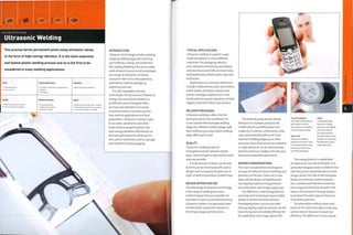 Joining Technology
Ultrasonic Welding
This process forms permanent joints using ultrasonic waves
in the form of high-energy vibration. It is the least expensive
and fastest plastic welding process and so is the first to be
considered in many welding applications.
1 Low tooling costs
1 Low unit costs
Typical Applications
• Consumer electronics and appliances
• Medical
• Packaging
Suitability
• Batch and mass production
INTRODUCTION
Ultrasonic technology includes welding,
swaging, staking (page 316),inserting,
spot welding, cutting, and textile and
film sealing. Welding is the most widely
used ultrasonic process and is employed
by a ran g e of in dustri e s, in cl udin g
consumer electronics and appliances,
automotive, medical, packaging,
stationery andtoys.
It is fast, repeatable and very
controllable.The conversion of electrical
energy into mechanical vibration is
an efficient use of energy. No fillers
are required, and there is no waste
or contamination. It is safe to use for
toys, medical applications and food
preparation. Ultrasonic cutting is used
to cut cakes, sandwiches and other
foods without squashing them: the
high-energy vibrations effortlessly cut
through both hard and soft foods. It is
also used to seal drinks cartons, sausage
skins and other food packaging.
Speed
• Rapid cycle time (less than 1 second)
• Automated and continuous processes
can form many welds very rapidly
Quality
1 High quality permanent bond
1 Hermetic seals are possible
Related Processes
• Hot plate welding
• Power beam welding
• Vibration welding
TYPICAL APPLICATIONS
Ultrasonic welding in used for a vast
range of products in many different
industries.The packaging industry
uses ultrasonics for joining and sealing
cartons of juice and milk, ice cream tubs,
toothpaste tubes, blister packs, caps and
enclosures.
Applications in consumer electronics
include mobile phone covers and screens,
watch bodies, hairdryers, shavers and
printer cartridges. Applications in the
textile and non-woven industries include
nappies, seat belts, filters and curtains.
RELATED PROCESSES
Ultrasonic welding is often the first
joining process to be considered. If it
is not suitable then hot plate welding
(page 320, vibration welding (page 298),
laser welding (see power beam welding,
page 288) may be used.
QUALITY
Ultrasonic welding produces
homogenous bonds between plastic
parts. Joint strength is high andhermetic
seals are possible.
A small amount of flash is produced,
but this can be minimized with careful
design such as housing the joint out of
sight or with the provision of flash traps.
DESIGN OPPORTUNITIES
The advantage of ultrasonic technology
is the range of welding processes
and techniques that are available. For
example, as well as conventional joining
ultrasonic welders can spot weld, stake,
embed metal components (known as
inserting), swage and form joints.
This diversity gives greater design
freedom. For example, products like
mobile phones and MP3 players are
made up of material combinations that
may not be possible with multi-shot
injection molding (page 50), or other
processes. Parts that cannot be molded in
a single operation can be ultrasonically
joined to produce complex, intricate and
otherwise impossible geometries.
DESIGN CONSIDERATIONS
The main considerations for designers
are type of material (ease of welding) and
geometry of the part. There are 3 main
types of joint design: straightforward
overlapping material, energy director
and shear joints (see images, page 304).
The difference is that energy director
and shear joint techniques have molded
details to aidthe ultrasonic process.
Overlapping joints, such as extruded
tube packaging sealed at one end, are the
least strong, but are suitably effective for
the application (see image, above left).
Top and opposite
TheTSM6 mobile phone
by Product Partners
uses ultrasonic welding
on the front assembly.
Above left
Ultrasonic welding
produces hermetic seals
in extruded plastic tube,
for instance, those for
cosmetic packaging.
Above
Triangular beads,
known as energy
directors, are molded
onto each side of
the joint interface,
perpendicularto one
another, to maximize
the efficiency of the
welding process.
The energy director is raised bead
of material on one side of the joint. It is
generally triangular and is molded inline
with the joint or perpendicular to it (see
image, above).The role of the triangular
bead is to minimize contact between
the 2 surfaces and therefore maximize
the energy transferred to the joint. This
reduces the amount of energy needed
to produce the weld, reduces flash and
minimizes cycle time.
The alternative method, shear joint,
works on the same principle of reducing
surface area in the joint to maximize
efficiency.The difference is that instead
 