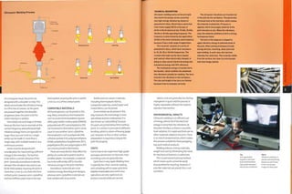Ultrasonic Welding Process
Energy director
FO
fl fi
Inserting
V
4
A
Shear joint Spot welding
of a triangular bead, the joints are
designed with a shoulder or step.This
detail concentrates the vibratory energy
to a thin line of contact. As the parts
are pressed together, the shoulder
progresses down the joint until the
entire interface is welded.
Horn (tool) size and shape is limited
because the horn has to resonate at the
correct frequency and withstand high-
vibration energy. Horns are typically no
larger than 300 mm (11.81 in.). Longer
welds can be made in more than a
single step, with multiple heads or as a
continuous process.
Joints must be designed with
consideration for transmitting sufficient
energy to the interface.The tool has
to be within a certain distance of the
joint. Generally, amorphous materials
dampen the vibrations less and so can
be far field welded, meaning the joint is
more than 5 mm (0.2 in.) from the horn
contact point. However, semi-crystalline
and low stiffness parts have to be near
field welded, meaning the joint is within
5 mm (0.2 in.) of the contact point.
COMPATIBLE MATERIALS
All thermoplastics can be joined in this
way. Many amorphous thermoplastics
such as acrylonitrile butadiene styrene
(ABS), poly methyl methacrylate (PMMA),
polycarbonate (PC) and polystyrene (PS)
can be joined to themselves and in some
cases to one another. Semi-crystalline
thermoplastics such as polyamide (PA),
cellulose acetate (CA),polyoxymethylene
(POM),polyethylene terephthalate (PET),
polyethylene (PE) and polypropylene (PP)
can only be joined to themselves.
There are many factors that affect the
ability of a material to weld to itself or
another plastic. For example, a material
has to be sufficiently stiff to transfer
vibratory energy to the joint interface.
Amorphous materials are more
suited to energy directing joint designs,
whereas semi-crystalline materials are
best welded with shear joints.
Textile and non-woven materials,
including thermoplastic fabrics,
composite materials, coated paper and
mixed fabrics, can be joined.
Some metals can be joined in this
way. However, the technology is more
specialized and less widespread. It is
also known as 'cold welding'because
the parts are joined below their melting
point. It is similar in principle to diffusion
bonding, which is aform of brazing (page
312). However, no flux or other surface
preparation is required as long as the
joint fits properly.
COSTS
Horns have to be made from high-grade
aerospace aluminium or titanium. Even
so, tooling costs are generally low.
Cycle time is very rapid. Welding time
is typically less than 1 second. Loading
and unloading will increase cycle time
slightly. Automated and continuous
operations are very rapid and can
produce several welds per second.
TECHNICAL DESCRIPTION
Ultrasonic welding works on the principle
that electrical energy can be converted
into high-energy vibration by means of
piezoelectric discs. Electricity is converted
from mains supply (50 Hz in Europe or
60 Hz in North America) into 15 kHz, 20 kHz,
30 kHz or 40 kHz operating frequency. The
frequency Is determined by the application;
20 kHz Is the most commonly used frequency
because It has a wide range of application.
The converter consists of a series of
piezoelectric discs, which have resistance
to 15, 20, 30 or 40 kHz frequencies. The
crystals that make up the discs expand
and contract when electrically charged. In
doing so, they convert electrical energy Into
mechanical energy with 95% efficiency.
The mechanical energy Is transferred to
the booster, which modifies the amplitude
Into vibrations suitable for welding. The horn
transfers the vibrations to the workpiece.
The size and length of the horn are limited
because it has to resonate correctly.
The ultrasonic vibrations are transferred
to the joint by the workpiece. This generates
frictional heat at the Interface, which causes
the material to plastlcize. Pressure Is
applied, which encourages material at the
joint Interface to mix. When the vibrations
stop, the material solidifies to form a strong,
homogenous bond.
The horn in the diagram is shaped to
apply vibratory energy to selected areas of
the joint. Other joining techniques include
energy director, inserting, shear joint and
spot welding. In each case, the red area
Indicates the weld zone. This is barely visible
from the surface, but clear In a microscopic
view (see Image, belowl.
33
>
in
o
o
2
o
Top
Each application
requires a new horn
to be mactiinedfrom
high-grade aerospace
aluminium ortitanium.
Above
Ultrasonic welding is a
precise and neat Joining
process,ascan be seen
in this microscopic
image of a shear joint.
Labour costs are generally low. Tooling
changeover Is quick and the process is
highly repeatable without the need for
operator intervention.
ENVIRONMENTAL IMPACTS
Ultrasonic welding is an efficient use
of energy; almost all of the electrical
energy is converted into vibrations at
the joint interface, so there is very little
heat radiation. It is rapid and there are no
other materials added to the joint. There
is no risk of contamination, which makes
this process suitable for food packaging,
toys and medical products.
Welding reduces mixing materials,
weight and cost by eliminating the need
for mechanical fasteners or adhesives.
This Is a permanent joining method,
which means parts cannot be easily
disassembled for recycling. However, if
only like materials are joined, this is not
a problem.
 