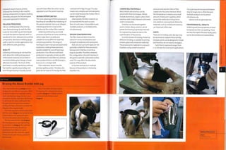 pipework, bicycle frames, jewelry
and watches. Brazing is also usedfor
joining components in engines, heating
elements, and parts for the aerospace
and power generation industries.
RELATED PROCESSES
Like arc welding (page 282), brazing
uses thermal energy to melt the filler
material. But soldering and brazing do
not melt the parent material, which is
beneficial for thin, delicate and sensitive
components. Resistance welding (page
308) is used for similar applications but
with different joint geometry.
QUALITY
Soldering and brazing do not heat the
joint above the melting temperature
of the parent material and so there is
minimal metallurgical change, or heat-
affected zone (HAZ). The finish of the
1 '' joint bead is usually satisfactory without
the need for significant grinding. And
even though brazing is usually carried
out with brass filler, the colour can be
adjusted to suit the parent material.
DESIGN OPPORTUNITIES
The main advantage of these processes is
that they do not affect the metallurgy of
the parent material. Even so, an integral
metallurgical bond is made at the
interface by the molten filler material.
Soldering and brazing are simple
processes, but there are many variations,
which make them versatile and
suitable for many different materials
and joint geometries. The range of
techniques cover manual and automated
production, making these processes
equally suitable for one-off and mass
production. One-off and small batch
production is typically carried out with
ahandheldtorchandfillerrod,whereas
mass produced items are fed through a
furnace on a conveyor belt.
Filler material is drawn into the
j oi nt by capill ary acti on. Th erefore, th e
joints do not have to fit exactly; the filler
material will bridge the gap.This also
mean s very complex and intricate joints
can be made because the molten filler is
drawn right through.
Alternatively, the filler material can
be inserted into the joint as a pre¬
form. In such cases, it is possible to join
multiple products, or multiple joints
simultaneously.
DESIGN CONSIDERATIONS
The filler material determines the
optimum service temperature and
strength of soldered and brazed joints.
Butt, tee and scarf joint types are not
generally suitable for these processes
because joint interface must be as
large as possible.Therefore, whatever
the configuration, the joint interface is
designed to provide substantial surface
area. This may affect the decorative
aspects of the product.
In furnace and vacuum methods
the size of the products is limited by
chamber size.
Case Study
Brazing the Alessi Bombe milk jug
This is the Bombe milk jug (image 1). It was
designed by Carlo Alessi in 1945 and is still in
production today. It was originally made by
metal spinning brass (page 78), but is now
deep drawn stainless steel (page 88). Brazing
is used to join the spout and handle even
though it would be quicker by resistance
welding. Brazing is still used to maintain the
integrity of the original design.
First of all, the joint is checked and coated
with flux paste (image 2). An overlap has been
created between the spout and body to
maximize the surface area to be joined.
They are mounted into a jig (image 3).
The brazing process is very rapid, lasting
30 seconds or so (image 4). The craftsman
first warms up the join area with an
oxyacetylene torch. When it is up to
temperature, the filler material is added.
It flows into the joint interface and forms
an even bead.
There is very little finishing required.
The brazed part is removed from the jig
complete (image 5). It is lightly polished
and cleaned before being packed
(image 6).
COMPATIBLE MATERIALS
Most metals and ceramics can be
joined with these techniques. Metals
include aluminium, copper, carbon steel,
stainless steel, nickel, titanium and metal
matrix composites.
Ceramics can be joined together
and to metals. Many ceramics can be
joined, but brazing is generally reserved
for engineering materials due to the
sophistication of the process.
A similar process to brazing, known as
diffusion bonding, is suitable for joining
ceramic, glass and composite materials.
This process joins materials in a vacuum
chamber, using a small amount of
pressure and very thin film of filler
coated onto the joint interface. When
the temperature is raised a very small
amount of pressure is applied, which
causes the molecules in the joint to
mix and form a strong bond. Dissimilar
materials, such as metals and ceramics,
can be joined in this way.
COSTS
There are no tooling costs. But jigs may
be necessary to support the assembly.
However, joints can be designed to locate
and therefore do not need to be jigged.
Cycle time is rapid and ranges from
i-io minutes for most torch applications.
The cycle time for furnace techniques
may be longer, but is offset because
multiple products can be joined
simultaneously.
Labour costs are generally low.
ENVIRONMENTAL IMPACTS
Soldering and brazing operate at lower
temperatures than are welding.There
are very few rejects because faulty parts
can be dismantled and reassembled.
i/i
o
o
m
X)
 