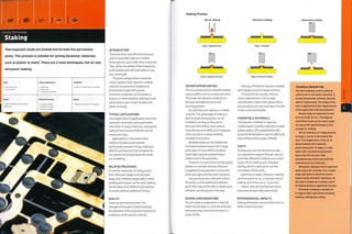 Butt
1 Scarf
• OJ
¦2
°
Joining Technology
Staking
Thermoplastic studs are heated and formed into permanent
joints. This process is suitable for joining dissimilar materials
such as plastic to metal. There are 2 main techniques: hot air and
ultrasonic staking.
1 Low tooling costs
Low unit costs
Typical Applications
• Appliances
• Automotive
• Consumer electronics
Suitability
• Medium to high volume production
Quality Related Processes Speed
• High strength joints with variable
appearance
Rapid cycle time (0.5-15 seconds)
Hot plate welding
Ultrasonic welding
Vibration welding
INTRODUCTION
These are dean and efficient processes
used to assemble injection molded
thermoplastic parts with other materials.
They utilize the ability of thermoplastics
to be heated and reformed without any
loss of strength.
The joint configurations resemble
rivets. A plastic stud, injection molded
onto the component, is heated and
formed into a tight fitting joint.
Dissimilar materials can be joined, as
long as 1 is thermoplastic; staking is used
extensively to join metal circuitry into
plastic housing.
TYPICAL APPLICATIONS
The largest areas of application are in the
consumer electronics and automotive
industries. In many instances, staking has
replaced mechanical methods such as
screws and clips.
Applications in the automotive
industry include control panels,
dashboards and door linings. Staking is
ideal for joining electrical components
into plastic housing because the studs
are insulating.
RELATED PROCESSES
If 2 similar materials are being joined
then ultrasonic (page 302), hot plate
(page 320), vibration (page 298) or other
welding techniques can be used. Staking
stands alone in its ability to join plastics
to metals without additional fixings.
QUALITY
These are permanent joints.The
strength of the jointis determined by
the diameter of the stud and mechanical
properties of the parent material.
Staking Process
Hot air staking Ultrasonic staking Alternative profiles
f
DESIGN OPPORTUNITIES
This is a simple process that eliminates
consumables such as screws and rivets.
The studs are injection molded into
the part and add no cost to the
forming process.
An alternative to staking is molded
snap fits. The advantage of staking is
that multiple fixing points can be
molded in, as long as they are in
the same line of draw (tool action).
Snap fits are more difficult to integrate
onto a product's surface without
complextool actions.
Multiple studs can be heated and
formed simultaneously to form large
joint areas. It is possible to produce
watertight seals by sandwiching a
rubber seal in the assembly.
There are no restrictions on the layout,
pattern or number of studs. Pressure
is applied during operation and so the
joints are tight and free from vibration.
Low pressures are sufficient to form
the joints, so thin walled and delicate
parts that may not be able to stand up to
vibration can be joined in this way.
DESIGN CONSIDERATIONS
The principal consideration is that the
studs should align in a vertical direction,
otherwise they cannot be formed in a
single stroke.
Staking is limited to injection molded
parts (page 50) and so large volumes.
These joints are usually internal
and so appearance is not a major
consideration. Due to the nature of the
process joints are neat and clean, but the
finish is not controllable.
COMPATIBLE MATERIALS
This process is limited to injection
molded parts. Suitable materials include
polypropylene (PP), polyethylene (PE),
acrylonitrile butadiene styrene (ABS) and
poly methyl methacrylate (PMMA).
COSTS
Tooling costs are low. Aluminium jigs
are required to support the part during
assembly. Ultrasonic staking uses a horn
(tool). Hot air staking uses standard
tooling, which is laid out to suit the
orientation of the studs.
Cycle time is rapid. Ultrasonic staking
can form joints in 0.5-2 seconds. Hot air
staking cycle times are 5-15 seconds.
Labour costs are low because these
processes are generally automated.
ENVIRONMENTAL IMPACTS
Staking eliminates consumables such as
rivets, screws and clips.
TECHNICAL DESCRIPTION
The thermoplastic stud is softened
with hot air or ultrasonic vibration. It
is then formed into a domed, knurled,
split or hollow head. The shape of the
tool is adjusted to fit the requirements
of the application and stud diameter.
Round studs are typically 0.5 mm
to 5 mm (0.02-0.2 in.). Rectangular
and hollow studs can be much larger,
as long as the wall thickness is thin
enough for staking.
Hot air staking is a 2 stage process.
In stage 1, hot air is directed at the
stud. The temperature of the air is
determined by the material's
plasticizing point. In stage 2, a cold
stake with a profiled head presses
down onto the hot stud. This
simultaneously forms and cools the
stud and joins the materials.
Ultrasonic staking is more rapid and
takes only a few seconds. It is a single
stage operation in which the stud is
heated up by ultrasonic vibrations. As
the stud is heated up It softens and is
formed by pressure applied by the tool.
Ultrasonic welding is suitable for
a range of other operations including
welding, sealing and cutting.
 