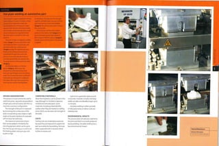 Case Study
¦ Hot plate welding an automotive part
DESIGN CONSIDERATIONS
This process is most commonly used to
weld butt joints. Lap joints are possible in
simple parts and extrusions, but this is a
much less common configuration.
The strength of the joint is improved
by increasing the surface area of the
weld. Incorporating a tee-shape or right
angle at thejoint interface,for example,
will increase the weld area.
The maximum dimension of part
that can be welded is limited by the
size of equipment, which can be up to
620 mm by 540 mm (24.41 x 21.26 in.) on
the heating pi aten an d up to 350 mm
(13.78 in.) high.
COMPATIBLE MATERIALS
Most thermoplastics can be joined in this
way, although it is limited to injection
molded and extruded parts. Some
materials, in eluding polyamide (PA),
oxidize when they are heated to melting
point, which can decrease the strength of
the weld.
COSTS
Tooling costs are moderately expensive
because they are required to support the
part accurately during welding. Parts are
often supported with a vacuum, which
further increases cost.
ENVIRONMENTAL IMPACTS
This process does not add any material to
thejoint and there is no waste produced
during welding. Hot plate welding has a
low environmental impact.
This product is a typical application for hot
plate welding. It is part of a water-cooling
system for an automotive under-the-
bonnet application. This process is ideal
because both internal and external welds
can be made simultaneously. Only a small
amount of pressure is required to form
the weld, which is suitable for thin wall
sections.
The part is made of 2 injection molded
halves (image i).The top and bottom half
are loaded into their respective jigs and
are held in place by a small vacuum
(linages 2 and 3). The required pressure,
heating and welding time have been
established through tests and so the
process is run automatically to ensure
accurate repeatability; the operator sets
the programme for these particular parts
(image 4).
Heating takes place on a heated
platen (image 5), which raises the
temperature of the material to more
than 5o0C (9o0F) higher than its melting
point.This ensures that there is sufficient
heat build up in the joint for welding to
take place. After only a few seconds, the
tools separate and the heating platen
is withdrawn. The parts are then brought
together and held under pressure until the
joint interface has mixed and solidified
(image 6). The whole process takes no more
than 25 seconds.
The tools part and leave the welded
product in the bottom half (image 7). The
part is removed and checked. A bead of
flash is typical with this process (image 8);
it builds up around thejoint as the pressure
is applied.
Cycle time is generally rapid; around
10 seconds. However, complex and large
welds can take considerably longer; up to
10 minutes.
Hot plate welding is either partially
orfully automated, so labour costs are
relatively low.
 