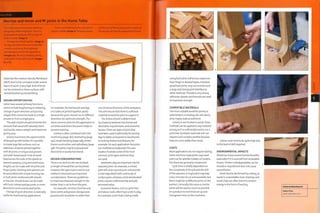 Case Study
Mortise and tenon and M-joints in the Home Table
This is the Home Dining Table, which was
designed by BarberOsgerby in 2000. It is
produced from solid oak with a range of
different joints (image 1).
The legs are mitred together (image 2).
The legs and table frame are joined with
a mortise and tenon, the traditional
and strongest joint for this application
(images 3-5). The top is made by joining
solid planks of oak with M-joints (images
6 and 7).
On the assembled table the mitre joint is
almost invisible (image 7). The grain merges
on the front of the leg because the 2 halves of
the leg are cut from the same plank of wood.
Materials like medium density fibreboard
(MDF) tend to be concealed under several
layers of paint. A very high level offinish
can be achieved on these surfaces with
repeated painting and polishing.
DESIGN OPPORTUNITIES
Joints have several primary functions,
which include lengthening or widening,
change of grain direction and joining
shapes that cannot be made in a single
process orfrom a single piece.
The style of joint should minimize the
amount that wood will naturally twist
and buckle, reduce weight and maximize
gluing area.
Joinery maximizes the opportunities
of designing with timber. It is possible
to make large flat surfaces, such as
tabletops, of planks joined together
with M-joints or tongue and grooves
and with 'bread board'ends of wood
fixed across the ends of the planks to
prevent warping. Long and continuous
lengths can be made with M-joints and
finger joints. Shelving and cabinets can
be assembled with simple housing, lap
or butt joints reinforced with dowels
or biscuits. Simple boxes can be made
with butt, mitred and lap joints, or more
decorative comb and dovetail joints.
Change of grain direction is especially
useful for load bearing applications.
For example, the framework and legs
of a table are join ed together, partly
because the grain should run in different
directions for optimum strength.The
most common joint forthis application is
a mortise and tenon because it helps to
prevent twisting.
Joinery is often combined with CNC
machining (page 182), laminating (page
190), steam bending (page 198), timber
frame construction and upholstery (page
338).The joints maybe exposed and
decorative or purely functional.
DESIGN CONSIDERATIONS
There is no limit on the size of plank
orlength of wood that can be joined.
However, the type of joint and its size
relative to the wood are important
considerations.There are guidelines
to maximize retained strength in the
timber that is cut to form the joint.
For example, mortises (mortise and
tenon joint) and grooves (tongue and
groove joint) should be no wider than
one-third the thickness of the workpiece.
This will ensure that there is sufficient
material aroundthe joint to support it.
The choice of joint is determined
by a balance between functional and
decorative requirements, and economic
factors.There are types of joint that
have been used traditionally for joining
legs to tables and panels to doorframes
or making shelves and drawers, for
example. For each application the joints
are modified and adjusted.The case
studies illustrate some of the most
common joint types and how they
are used.
Aesthetics play an important role for
exposed joints. For example, a mitred
joint will cover up end grain and provide
a neat edge detail with continuity of
surface grain, whereas comb and dovetail
joints express craftsmanship and add
perceived value.
Economic factors, such as cycle time
and labour costs, often have a role to play.
For example, a part that is being made
v.
using butt joints will be less expensive
than finger or dovetail types. However,
glued butt joints may not provide such
a large and strong joint interface as
other methods.Therefore, very strong
adhesives, dowels and biscuits are used
to maximize strength.
COMPATIBLE MATERIALS
The most suitable woodfor joinery is
solid timbers, including oak, ash, beech,
pine, maple, walnut and birch.
Joinery is not limited to wood. These
methods can be applied to any material
as long as it is sufficiently hard to cut a
joint into. Synthetic materials will not
require such complex profiles because
they are more stable than wood.
COSTS
Most applications do not require tooling.
Some machine made joints may need
tool s cut for spindle molders or routers,
but these are generally inexpensive.
Cycle time 1s totally dependent on
the complexity of the job and the skill
of the operator. A single joint may take
only 5 minutes to cut and assemble, but
there might be 15 different joints on the
product. Generally, the same or similar
joints will be used as much as possible
on a product to minimize set up and
changeover time on the machines.
6
Labour costs tend to be quite high due
to the level of skill required.
ENVIRONMENTAL IMPACTS
Wood has many environmental benefits,
especially if it is sourcedfrom renewable
forests.Timber Is biodegradable, can be
reused or recycled and does not cause
any pollution.
Joints tend to be formed by cutting, so
waste is unavoidable. Dust, shavings and
wood chips are often burnt to reclaim
energy in the form of heating.
Featured Manufacturer
Isokon Plus
www.isokonplos.com
 