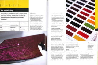 c o
0 U3
'¦P 03
S E
1 -I
Q.
Finishing Technology
Spray Painting
Spray painting is a fast and efficient means of applying adhesive,
primer, paint, lacquer, oil, sealant, varnish and enamel. The
surface determines the applicable finish and how long the
process takes.
Costs
• No tooling costs, but may require jigs
• Low to high unit costs, depending on size
and paint
Typical Applications
• Aerospace
• Automotive and transportation
• Consumer electronics and appliances
Suitability
• One-off to mass production
Quality
• Variable because it depends on the skill of
the operator
Competing Processes
• Hydro transfer printing
• Powder coating
• Vacuum metalizing
Speed
• Variable cycle time, depending on size
and drying or curing time
INTRODUCTION
Spray coating is the application of liquid
borne materials onto a surface.The
sprayed material generallyhasi ormore
of the following functions: filler, primer,
colour, decoration and protection.
High gloss, intense and colourful
finishes are produced by a combination
of meticulous surface preparation,
basecoat and topcoat. The role of the
base coat is to supply a monotone
backdrop for the high gloss topcoat. The
topcoat is clear and contains platelets
or flakes of colour. As it is applied to
the basecoat, the platelets or flakes are
propelled onto the surface of the base
coat. This produces a topcoat that is
multilayered: it is rich with colour near
the basecoat and almost clear on top.
This promotes a glossy, rich and intense
colour finish.
The majority of spray painting is
manually operated. However, there
are sufficiently high volumes in the
automotive, consumer electronics and
appliance industries to justify robotic
spraying systems.
TYPICAL APPLICATIONS
Spray painting is used in a vast range
of applications including prototyping,
repairs, low volume and mass
production. It is used in the automotive
industry for painting metalwork, and
in the consumer electronics industry to
colour plastic injection moldings.
COMPETING PROCESSES
Powder coating is a dry coating
technique (page 356) with a finish
similar to 2-pack thermosetting paints
(see technical description, page 353). It
produces a uniform and glossy coating.
Some techniques are electrostatic and
so attract the coating particles to the
surface of the workpiece. Combined
with collection and recycling of the dry
powder, up to 95% material utilization
can be achieved with powder coating.
Hydro transfer printing (page 408)
can produce effects that were previously
spray painted with airbrushes and
masking. It is a dipping process and
reproduces patterns and print much
more rapidly than spray painting.
Vacuum metalizing (page 372) is
essentially spray painting with pure
aluminium.The aluminium is locked
onto the surface of the workpiece by a
basecoat and topcoat that are sprayed.
It produces a highly reflective finish that
can be tinted or coloured.
QUALITY
The quality of surface finish in this
process depends on the skill of the
operator. Spray coatings are built up
in thin layers, typically between 5 and
100 microns (0.0002-0.004 in.) thick,
with the exception of high-build systems
such as combined filler-primer. It is
essential that the surface is prepared to
a high finish.
Above
These swatches are a
range of Kandy colours
over different basecoats.
Each basecoat produces
a new range of slightly
different colours.
Colours can also be
matched to Pantone or
RAL reference charts.
The level of sheen on the coating is
categorized as matt or egg shell, semi-
gloss, satin or silk and gloss.
The surface finish may not be critical if
the role of the coating is to protect the
surface. Protective paints form a barrier
between the workpiece and atmosphere,
to prevent rusting,for example.
 