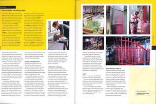 Case Study
Electrostatic spraying a gate
In this case study, Medway Galvanising are
powder coating some previously galvanized
steelwork. Preparation is key to the success
of the finish. First of all, the parts have been
galvanized (page 368) to protect the base
metal, which is then sanded to produce an
even higher quality finish (image 1).
The cleaning process consists of a
series of 10 baths that progressively clean,
degrease and prepare the surface for
powder coating. A bath of zinc phosphate
(image 2) provides an intermediate binding
layer between the clean galvanized surface
and the thermosetting powder.
The metalwork, in this case part of a
steel gate, is loaded onto an electrically
grounded conveyor belt that delivers it
into the powder-coating booth (image 3).
This process is manually operated, due to
the level of versatility that is required in
the factory. The operator is protected as he
sprays a plume of electrostatically charged
powder over the metalwork (image 4).
The powder coated finish is very
delicate at this point, so handling is kept
to a minimum. The part is loaded onto a
conveyor that takes it through a camelback
oven (image 5), The temperature inside the
oven is 2000C (392°F).The part is heated
as it is conveyed up and over the heating
compartment, hence the name. At this
temperature the thermosetting polymer
chemically reacts, forming cross-links
between the molecular strands to produce
a very durable and tough coating. It is a
gradual process and lasts 30 minutes or so.
The cured part has a rich-looking red
plastic coating (image 6). It is still very warm
and is left to air dry for a short period while
the thermosetting plastic fully hardens.
coating's UV stability, chemical
resistance, temperature resistance and
durability, for example. Antimicrobial
additives can also be incorporated, which
inhibit the growth of mould, mildew and
bacteria on the surface of the coating.
The choice of thermoplastic and
thermosetting powders provides
designers and manufactures with a large
scope of opportunity.The coating can be
engineered with additives, binders and
pigments to suit a specific application if
the volumes justify It. Otherwise, there
Is a vast range of polymer characteristics
that can be utilized in standard powder-
coated finishes.
There is very little risk of powder
coatings running into sags In either
technique, even when a heavy build up
is required.The thickest coatings can be
achieved with fluldlzed bed techniques,
which can be built up by dipping a hot
workpiece several times In thermoplastic
powder. Electrostatic spraying can also
produce thick coatings, but it Is more
time consuming and less practical.Thin
films can be very difficult to achieve,
especially with electrostatic methods
and thermosetting powders.
DESIGN CONSIDERATIONS
Part design will affect the choice
of technique. Each technique is
generally suited to different materials:
thermoplastic powders are coated
using the fluldlzed bed technique and
thermosets are electrostatically sprayed.
But this is not always the case.
Electrostatic spraying is a versatile
and widely used process. Most parts
can be coated in this way. Fluldlzed
bed coating offers improved coverage
on complex and intricate geometries,
especially if they will cause the 'Faraday
cage' effect in electrostatic spraying.
Surface finish is determined by the
quality of the finish prior to coating,
unless a very heavy coating is produced
in a fluldlzed bed. Castings, for example,
will produce a textured finish if they are
not prepared effectively. Preparation
consists of anumber of cleaning and
etching baths, which ready the surface
for powder coating.These stages are
essential to produce a sufficient bond
between workpiece and coating to
ensure its longevity.
COMPATIBLE MATERIALS
Many metals can be coated in this
way. However, the majority of powder
coating is used to protect and colour
aluminium and steelwork,Technologies
are emerging that make it possible
to powder coat certain plastics and
composite wood panels, although they
are new and relatively specialist. It is
also possible to powder coat glass by the
fluldlzed bed method.
The coating materials include
th erm opl asti cs an d th erm osets. Typi cal
thermosets Include epoxy, polyester,
acrylic and hybrids of these polymers.
They are characterized by good resistance
to chemicals and abrasion, andtheir
hardness and durability. Certain grades
offer added protection against UV.
Thermoplastic powders include
polyethylene (PE), polypropylene (PP),
polyamide (PA), polyvinyl chloride (PVC),
fluoropolymers and many more. These
coatings make up a small percentage
of the powder coating market. They
can be built up in thick layers using the
fluldlzed bed method to provide superior
performance characteristics.
COSTS
There are no tooling costs, although
equipment costs are relatively high.
One coat is usually sufficient, so cycle
time is very rapid. The baking process to
cure the resin adds approximately half
an hour to the cycle.
This is a simple process: powder is
easy to spray and the potential electrical
difference actively encourages a uniform
coating to develop.Therefore, labour
costs can be quite low.
ENVIRONMENTAL IMPACTS
Material utilization tends to be much
higher with powder coating than wet
spray painting methods. This 1s partly
due to electrostatically charging the
particles, but also because It Is possible
to collect and filter powder overspray.
Production lines powder coating with
continuous colour can achieve over 95%
powder utilization.
Everything requiredforthe coating
is contained in each particle: resin,
pigment, filler and binder. Therefore It is
not necessary to suspend the powder in a
solvent or water, which can be harmful to
the operator and environment.
Featured Manufacturer
Medway Galvanising Company
www.medgalv.co.uk
 