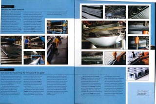 ixtruding the sheet material
aysersberg Plastics extrude sheet material
ar thermoforming. They can very accurately
Dntrol the quality of the material and mal<e
djustments almost instantly as a result of
iheir findings in the thermoforming process.
As with injection molding, the
lermoplastic is melted and mixed by an
Archimedean screw. It is squeezed out
Trough a die that is 3,084 mm (121 in.)
e, after which it is forced between highly
polished steel rollers to a set thickness (image
i).The extrusion process is continuous and
in operation the sheet is pulled through
the rollers. However, when the process
begins, there is nothing to pull through. To
overcome this problem, straps are fixed
to the extrusion flow front, and these
are pulled through the rollers (image 2).
The extrusion die is made up of many
independently controllable segments,
which are adjusted to make a uniform
wall thickness (image 3).The continuous
sheet of HOPE (image 4) is slit along its
length with knives (image 5) and then cut
to length. The finished sheets are stacked in
preparation for thermoforming.
ise Study
Twin sheet thermoforming demonstrates the
capabilities of thermoforming with the added
benefit of bonding together to form hollow
parts. The sheet material, which is 4 mm (0.16
in.) thick HOPE (image 1), was extruded and
cut to size as outlined above.
The thermoforming machine consists
of 4 stations: loading and unloading;
primary heating; secondary heating;
and thermoforming. Two sheets are
thermoformed and then clamped together;
in this case study they will be referred to
as 'sheet A' and 'sheet B'. First of all, sheet
A is manually loaded onto the rotary
thermoforming machine and clamped
tightly around its perimeter (image 2). It
is then loaded into the primary heating
chamber, where the temperature is set
ati6o0C (32o0F).
Meanwhile, sheet B is loaded. As sheet A
moves into the secondary heating chamber
(image 3), sheet B is rotated into the primary
heating chamber, where it is heated to
softening point (image 4) and suspended
between the thermoforming tools. Because
this is twin sheet thermoforming there are 2
tools in this station, as opposed to only 1 for
single sheet parts. Sheet A is vacuum formed
over the lower tool, and sheet B is formed
over the upper tool. As the vacuum draws
the material onto the surface of the tool the
profile becomes more pronounced (image
5). Just as they are both formed the molds
come together and clamp the sheets together
(image 6). The residual heat bonds the 2
materials together.
Twin sheet thermoforming the Terracover® ice pallet
After 41/2 minutes the tools separate
(image 7). Meanwhile, 2 more sheets have
been loaded and preheated, and replace
the formed part as it is rotated to the
unloading station. In this way production is
as continuous as possible. The formed part
is trimmed by hand (image 8). Re-entrants
are cut using a handheld router guided by
a Jig (image 9), while complex trimming
operations are carried out by CNC machining
Sheets A and B (image 10) are welded
together around the perimeter and across
the surface with a series of spikes
(approximately 2,400), so an homogenous
bond is formed between the 2 sheets.
This is essential for the strength of the
Terracover® ice pallet, which is engineered
to accommodate 5 tonnes of load over an
areaof only 150 x 150 mm ( 5.91 x 5.91 in.).
It is used to cover ice rinks temporarily for
events such as concerts. Filling the cavity
with foam (see image, page 31, above,
right) further increases rigidity, strength
and thermal insulation.
Featured Manufacturer
Kayserberg Plastics
www.kayplast.com
 