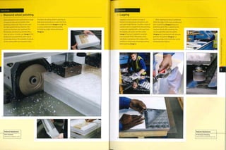 Case Study
-> Diamond wheel polishing
Featured Manufacturer
Zone Creations
www.zone-creations.co.uk
Diamond particles are used to finish a range
of materials that are too hard for other
polishing compounds.They are also used
for high speed finishing of plastics. This
acrylic box has been CNC machined. The
lid and base are paired up and then the 4
sides are cut on a circular saw (image i).This
produces an accurate finish, but it has an
undesirable texture. The workpiece is placed
on the cutting table and clamped in place.
The diamond cutting wheel is spinning at
high speed and produces a super fine finish
in amatter of seconds (rmages 2 and 3). This
is a mass-production method suitable
for finishing a high volume of products
(image 4).
Case Study
-> Lapping
Lapping is used to produce a range of
finishes, including reciprocal patterns, dull
and super bright finishes. To polish a sheet of
stainless steel to a bright finish, the polishing
compound is applied with a roller each time
the lapping pad passes over the surface
(image i). Pressure is applied to maintain
a very accurate finish. Afterwards a lime
substitute is spread over the surface of the
stainless to remove any remaining moisture
before packing (image 2).
When lapping to produce a patterned
finish, the edges of the sheet are deburred
prior to polishing (image 3) because a
protective plastic film is applied by the
machine directly after polishing. The
circular pads that make the pattern
(image 4) are impregnated with abrasive
particles. The pattern (image 5) is a
typical example of the finish that can be
achieved by this method.
<D
XI
cn
>
o
>
"D
O
Featured Manufacturer
Professional Polishing
www.professionalpoUshing.co.uk
 