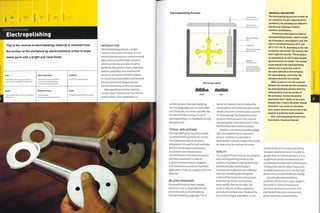 Finishing Technology
Electropolishing
This is the reverse of electroplating; material is removed from
the surface of the workpiece by electrochemical action to leave
metal parts with a bright and clean finish.
Costs
• No tooling costs, but jigs are required
• Low unit cost (roughly 5% material cost)
Typical Applications
• Architectural and construction
• Food processing and storage
• Pharmaceutical and hospitals
Suitability
• One-off to mass production
Quality
• High quality, bright, lustrous and hygienic
surface finish
Related Processes
• Electroplating
• Grinding, sanding and polishing
Speed
• Moderate cycle time (5-30 minutes)
INTRODUCTION
Electropolishing produces a bright
lustre on the surface of metals. It is an
electrochemical process; surface removal
takes place in an electrolytic solution,
which can be very accurate. As well as
polishing, this process cleans, degreases,
deburrs, passivates and improves the
corrosion resistance of metal surfaces.
It is becoming more widely used because
the environmental impacts are less
harmful than those of other processes.
Electropolished stainless steel has
similar visual characteristics to chrome-
plated metals. Electropolishing is a
Electropolishing Process
Electrically charged
workpiece (+)
Dissolved
metal particles
Heated electrolytic
solution (phosphoric
and sulphuric acid)
Microscopic detail
simpler process than electroplating
chrome (page 364) and uses less water
and chemicals, so is more cost effective.
As a result of the increase in use of
electropolishing, it is steadily becoming
less expensive.
TYPICAL APPLICATIONS
Electropolishing has become a widely
accepted finishing process for metals.
In architectural and construction
metal work, it is used for both aesthetic
andfunctional reasons (resistance
to corrosion and reduced stress
concentration). In the pharmaceutical
and food industries it is used for
mainly functional reasons (hygiene
and resistance to corrosion). Aesthetic
applications make up roughly 90% of its
total use.
RELATED PROCESSES
Electropolishing has been steadily
replacing more ecologically harmful
processes such as chrome plating
(see electroplating, page 364).This is
driven by industry's aim to reduce the
consumption of chrome and other heavy
metals (very toxic chromic acid is used for
chrome plating). Electropolishing does
produce chemical waste that must be
cleaned and pH neutralized, but it is less
harmful than these other processes.
Similar to mechanical polishing (page
376), electropolishing is a reductive
process. However, it is possible to
electropolish complex shapes that would
be impractical by mechanical means.
QUALITY
The quality of finish that can be achieved
with electropolishing enhances the
surface of metalwork both aesthetically
and functionally. Aesthetically, it
increases the brightness and reflective
index by smoothing (polishing) the
surface of the metal. On a microscopic
level, the high points are dissolved
more rapidly than the troughs.The
result is reduced surface roughness
and reduced surface area. However, the
end result is largely dependent on the
TECHNICAL DESCRIPTION
The electropolishing process is made up
of 3 elements: the pre-cleaning (where
necessary), the polishing (see diagram)
and the final cleaning to remove
chemical contaminants.
The process takes place in a bath of
electropolishing solution, which is made
up of phosphoric and sulphuric acid. The
bath is maintained between 50°C and
90°C (122-194°F), depending on the rate
of reaction; the warmer the solution, the
more rapid the reaction. The workpiece
is suspended on an electrically charged
jig and becomes the anode. The cathode
is also placed in the electropolishing
solution and is generally made of
the same material as the workpiece.
For electroplating, conversely, the
workpiece becomes the cathode.
When an electric current is passed
between the cathode and the workpiece,
the electropolishing solution dissolves
metal particles from the surface of
the workpiece. Surface dissolution
takes place more rapidly on the peaks
because that is where the power density
is greatest. Low points are dissolved
more slowly, and thus the surface of the
material is gradually made smoother.
After electropolishing the parts are
neutralized, rinsed and cleaned.
surface finish prior to electropolishing
because material removal is usually no
greater than 50 microns (0.002 in.), so a
rough finish will be smoothedbut not
completely removed. Even so, this process
is frequently used for deburring as well
as polishing because burrs are like high
points and so are dissolved very rapidly.
Functionally, electropolishing
produces a finish that is clean, hygienic,
less prone to stress concentration
and more resistant to corrosion. The
electrochemical action removes dirt,
grease and other contamination.
 
