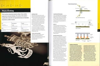 JSi m
Finishing Technology
Photo Etching
This is surface removal by chemical cutting. It has a similar
appearance to abrasive blasting. The surface of the metal is
masked with a resist film and unprotected areas are chemically
dissolved in a uniform manner.
=5 Costs
Low cost tooling
Moderate to high unit costs
Quality
• Prolonged exposure to chemical attack will
cause undercutting
Typical Applications
• Jewelry
• Signage
• Trophies and nameplates
Competing Processes
• Abrasive blasting
• CNC machining and engraving
• Laser cutting and engraving
Suitability
• Prototype to mass production
Speed
• Moderate cycle time, typically
50-100 microns (0.002-0.0039 in.]
per pass (5 minutes)
INTRODUCTION
Photo etching, also referred to as acid
etching and wet etching,is the process of
surface removal by chemical dissolution.
This process is precise andlow cost.
Phototooling is printed acetate, which is
inexpensive to replace.The accuracy of
the etching is determined by the resist
film, which protects areas of the sheet
that will remain unchanged.
Surface removal is slow, typically
50-100 microns (0.0020-0.0039 in.) in
a 5 minute pass. Depths of 150 microns
(0.0059 in ) are suitable for decorative
applications. Patterns, text and logos can
be filled with colour.
TYPICAL APPLICATIONS
Applications include signage, control
panels, nameplates,plaques and
trophies. Photo etching is also employed
by jewellers and silversmiths for
decorative effect.
Photo Etching Process
COMPETING PROCESSES
Laser cutting (page 248), CNC engraving
(page 396) and abrasive blasting (page
388) are used to produce similar effects
in a wide range of materials. However,
lasers and CNC engraving heat up the
workpiece and can cause distortion in
thin materials.
QUALITY
A major advantage of photochemical
machining is that it is less likely to cause
distortion because there is no heat,
pressure or tool contact; the final shape
is free from manufacturing stresses.
The chemical process does not affect
the ductility, hardness or grain of the
metal structure.
DESIGN OPPORTUNITIES
This process is suitable for prototyping
and high volume production.Tooling
costs are minimal; the negatives can be
produced directly from CAD drawings,
graphic software or artwork and last for
many thousands of cycles. Small changes
are inexpensive and adjustments can be
made to the design, so this process is
suitable for experimentation and trials
during the design process.
Lines, dots and areas of etching can be
filled with colour if the etch is more than
150 microns (0.0059 in-) deep. Very small
details can be coloured independently
such as patterns,logos, text and
halftone images (visible dot pattern). It
is possible to etch multiple layers with
repeated masking and processing; layers
significantly increase cycle time.
Thin sheet materials, up to i mm
(0.04 in.), can be cut as well as etched (see
photochemical machining,page 244).
Metal workpiece
Laminating roller
applies film
Film adheres
to metal surface
r
Stage 1: Applying photosensitive resist
UV light source
Phototooling . Unexposed areas
remain soft
1 Exposed film hardens
Stage 2: UV exposure
X X 2 x
. Oscillating
nozzles
. Exposed film
protects metal
surface
Stage 3: Etching
Metal dissolved
by acid
Ferritic chloride
etchant
TECHNICAL DESCRIPTION
The material Is meticulously prepared;
it Is essential that the metal workpiece
is clean and grease free to ensure good
adhesion between the film and the metal
surface. In stage 1, the photosensitive
polymer film is applied by dip coating
(page 68) or, as here, hot roll laminating.
The coating is applied to both sides of the
workpiece because every surface will be
exposed to the chemical etching process.
Phototooling (acetate negatives) are
printed in advance from CAD or graphic
software files or artwork. In stage 2, the
negatives are applied to either side of
the workpiece and the workpiece, resist
and negative are exposed to UV light.
Both sides of the part are exposed to
ensure that the resist on the reverse is
fully hardened and protective. The soft,
unexposed photosensitive resist film is
chemically developed away. This exposes
the areas of the metal to be etched.
In stage 3, the metal sheet passes
under a series of oscillating nozzles that
apply the chemical etch. The oscillation
ensures that plenty of oxygen is mixed
with the acid to accelerate the process.
Finally, the protective polymer film is
removed from the metalwork in a caustic
soda mix to reveal the finished etching.
 