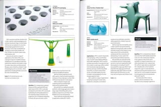 STYRENES
MacBook Pro packaging
Made by: Unknown
Material: Expanded polystyrene (EPS)
Manufacture: EPS molding
Notes: EPS is lightweight, protective and
insulating.
STYRENES
Attila can crusher
Designer/client: Julian Brown/Rexite
Date: 1996
Material: Glass filled acrylonitrile butadiene
styrene (ABS)
Manufacture: Injection molding
Styrenes
• Polystyrene (PS)
• Acrylonitrile butadiene styrene (ABS)
• Styrene acrylonitrile (SAN)
• Styrene butadiene styrene (SBS)
• Styrene ethylene butylene styrene (SEBS)
This is a broad range of thermoplastics that are
easy to process and have good visual properties.
EVA is puncture and tear resistant and
is often used for medical packaging such
as blood transfusion bags. In recent years,
EVA has seen an explosion in consumer
and packaging applications such as
luxurious carrier bags and flexible net
packaging used for glass bottles and
fruit. As foam it is used for trainer soles
and imitation cork.
lonomers are used in a range of
applications,from blown films and
coatings to injection molded and blow
molded parts. It is possible to mold thick
wall sections without sink marks or voids.
It is water-clear and so can feel and look
like glass and is therefore utilized in high-
end packaging such as cosmetics. Other
applications Include golf balls covers and
the soles of football boots.
Costs; PE, PP and EVA are low cost,
lonomers are medium cost.
Qualities: PS is categorized as general
purpose (GPPS), expanded (EPS) and
high impact (HIPS). GPPS is naturally
transparent andbrittle. HIPS is produced
by blending PS with polybutadiene; it
has improved impact resistance and
toughness. EPS is molded by expanding
PS beads with gas and steam, which
inflates them into foam that is 2%
material and 98% atmosphere.
ABS has similar properties to HIPS
with superior chemical and temperature
resistance. It has a high gloss surface (like
GPPS) and is produced in vivid colours.
SAN is resistant to impact and
scratching and has excellent light
transmission qualities (90%).
SBS and SEBS are copolymerized with
synthetic rubber (page 445) and so have a
large range of flexibility, with a shore
hardness range of oA-soD.Theyremain
flexible even at low temperatures.
These materials are generally limited
to applications below 8o0C (i760F).
VINYLS
Kolon Furniture 'Double Chair'
Designer/ownenJan Konings and Jurgen Bey/
Droog Design
Date: 1997
Material: Polyvinyl chloride (PVC) covering
and used furniture
Manufacture: PVC covering stretched over used
furniture to create new objects
VINYLS
Water soluble pouch
Made by: Various
Material: Polyvinyl alcohol (PVOH)
Manufacture: Plastic welded film
Notes: The film dissolves in cold water to
deliver a measured dose of
detergent to laundry.
Applications: GPPS is used for disposable
food packaging, cutlery and drinking
cups, CD 'jewel' cases, lighting diffusers
and model making kits. HIPS is used for
vending cups, product housings and toys.
EPS is used in 3 main ways: either molded
into the desired shape (packaging,
.helmets and toys), molded into pellets
(loose fill), or as sheet material that
can be cut (model making, thermal
insulation and packaging), EPS is the
ch eapest polymer foam.
ABS is used for a range of applications
including housings for power tools,
telephones, computers and medical
equipment, ear defenders and other
safety equipment, children's toys and
automotive parts.
SAN has high thermal stability and so
is often used for transparent kitchen
appliance mixing bowls, water purifiers
and other products that require a very
high surface finish and durability
combined with the convenience of
dishwashing. It is also used in the
automotive and medical industries.
SBS and SEBS are used extensively
in multishot injection molding (page
50) and co-extrusion applications with
thermoplastics including PE and PP
(see polyolefins, page 430), ABS, PC (see
polycarbonate, page 435) and PA (see
polyamide, page 438). Products include
babies'teats and dummies, ice cube
trays, soft touch grips and children's toys.
Costs: Low.
Vinyls
• Polyvinyl chloride (PVC)
• Polyvinyl alcohol (PVOH)
PVC has a glossy appearance and its shore
hardness can be adjusted to suit the application.
PVOH is a water soluble barrier film.
Qualities: PVC is along lasting material
andmore than half of global production
is for use in the construction industry.
It has a glossy surface finish and is
available in a range of vivid colours. It is
either plasticized or not. Unplasticized
PVC (uPVC) is rigid; where as plasticized
PVC is flexible with a shore hardness
range of 60-95A. It is naturally flame
retardant and has good resistance to UV
light, but PVC is not suitable for exposure
to prolonged periods at temperatures
above 6o0C (i400F).
The downside of PVC is that it
contains chlorine and dioxins.This
has led to many campaigns against its
 