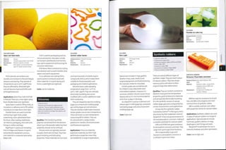 POLYURETHANES
Open-cell foam balls
Made by: Various
Material: Foamed polyurethane resin (PUR]
Manufacture: Reaction injection molded
Notes: Most plastic can be foamed with
open or closed-cell structures.
PUR materials are resilient and
durable, and resistant to flexural fatigue,
abrasion and tearing.They operate at
temperatures up to i2o0C (2480F), but
tbey are affected by ultraviolet light
and will become hard and brittle with
prolonged exposure.
Applications: More than half of all PUR
is foamed.There are 3 main types: spray
foam, flexible foam and rigid foam.
Spray foam is used for filling holes, as
insulation or adhesive and to fill cavities
in products to make them more rigid.
Flexible foams are used to provide
cushioning in gym mats, carpet
underlining, most upholstered foam
furniture, other seating, mattresses,
car interiors, packaging, shoe soles and
linings in clothes and bags.
Rigid foam is used as an insulating
liner in fridges and freezers, in sports
and protective equipment and as a
core material in composite lamination
(page 206).
PUR is used for prototyping and low
volume production. Examples include
car bumpers, dashboards and interiors,
toys, sports equipment and housings for
consumer electronics.
PUR drawn fibre is resistant to cutting
and abrasion and is used in textiles, shoe
uppers and sports equipment.
As an adhesive and coating PUR is
used to protect and bond wood with
other materials. It is quick drying and
forms a watertight and rigid seal.
Costs: Low to moderate.
Silicones
• Silicone resins
These are low strength but highly versatile
materials. They are used as adhesives, gels,
rubbers and rigid plastics. They have excellent
electrical resistance and high heat stability, and
are chemically inert.
Qualities: This family of synthetic
polymers are derivedfrom the element
silicon (14 in the periodic table), but their
properties should not be confused.
Silicone resins are typically resistant
to water, chemicals and heat. They have
good insulating and lubricating
properties.These materials are non-toxic
SILICONES
Animal rubber bands
Designer/client: D-Bros/H Concept
Date: 2003
Material: Silicone
Manufacture: Extruded and cut
and have low levels of volatile organic
compounds (VOCs), which makes them
suitable for food preparation and
packaging and medical applications.
Silicones have a wide operating
temperature range from -no0C to
3i50C (-t66- 5990F).They are naturally
electrically insulating, but can be
modified with a carbon additive to make
them conductive.
They are shaped by injection molding
(page 50), compression molding (page
44), casting (page 40) and extrusion.
They are used by model makers because
certain grades cure at room temperature.
These are known as room temperature
vulcanizing (RTV) rubbers. They can
be coloured with a range of plain,
pearlescent, metallic, thermochromatic
and fluorescent pigments.
Applications: These are relatively
expensive materials, but their high
performance properties mean they
are suitable for a range of applications.
SILICONES
Skin Light
Designer; PD Design Studio
Date: 2006
Material: Silicone
Manufacture: Cast
Typical uses include O-rings, gaskets,
weather strips, seals, medical and
surgical equipment, and food processing
(for example, molds for chocolate).
Certain grades are considered safe
for children's toys, baby bottle teats
and medical implants. However, it is
uncertain whether silicone causes tissue
disease and so it is not recommended for
more than 25 days in the body.
As a liquid it is used as a lubricant and
release agent in RIM (page 64), composite
laminating (page 206) and compression
molding (page 44).
Costs: High cost.
SILICONES
Flexible ice cube tray
Designer/client: Unknown
Date: Unknown
Material: Silicone
Manufacture: Compression molded
Synthetic rubbers
»Isoprene rubber [IRl
• Chloroprene rubber ICR)
• Ethylene propylene rubbers [EPM and EPDM]
• Butyl rubber (lIRl
• Butadiene rubber IBRl
• Acrylonitrile butadiene rubber (ABRl
• Styrene butadiene rubber ISBR)
There are several different types of
synthetic rubber.They are used in place
of natural rubbers. They have shape
memory and so will return to their
original shape after deformation.
Qualities:They are resilient, resistant to
abrasion, have good low temperature
properties, good resistance to chemicals
and are typically electrically insulating.
IR is the synthetic version of natural
rubber (page 447) and consequently has
similar characteristics and applications.
CR was the first synthetic rubber,
invented by DuPont™ in the 1930s, and is
also known by their trademark name of
Neoprene®. it has very good resistance to
oils and atmospheric corrosion, making it
a suitable substitute for natural rubber.
EPM and EPDM have good resistance
to atmospheric corrosion and heat.They
range from 30A to 95A shore hardness.
IIR is impermeable to gas and
resistant to atmospheric corrosion. It
is utilized in tyre inner tubes.
SYNTHETIC RUBBERS
Divisuma 18 portable calculator
Designer/client: Mario Bellini/Olivetti SPA
Date,; 1973
Material; Synthetic rubber, acrylonitirile
butadiene styrene [ABS] and
melamine resin
Manufacture: Compression molding and
injection molding
ABRhas superior resistance to oil and
fuel, and SBR is the cheapest and most
common form of synthetic rubber.
SBR is a widely used low cost rubber
with properties similarto natural rubber.
Applications: Synthetic rubbers are used
in place of natural rubbers in a range of
applications.Typical products include
fuel hoses, gaskets, washers, O-rings,
diaphragms, tank linings and seals.
Neoprene® is well known for use in
wetsuits, footwear and other sportswear.
Costs: Low to high cost.
O
CO
 