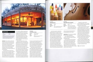 Softwoods
• Pine • Spruce
•Douglas fir •Cedar
• Larch
Softwoods have moderate strength, straight grain
and a distinctive odour. They are predominantly
evergreen, fast growing and useful in the DIY,
construction, pulp and paper industries.
Qualities: These coniferous softwoods
are grown all over the world, but some
species are limited to certain latitudes
and altitudes. The rate of growth
determines the strength and economic
value of the wood. Slower grown trees
have fewer knots and more tightly
packed grain, and so they are harder and
more expensive.
Pine (Pirus species) includes Scots
pine (also known as European redwood),
jack pine, red pine and eastern white
pine.There are over too different species.
Even though many of the trees cannot
be easily differentiated, the properties
of the sawn timber are slightly different
and suitable for different applications.
Common properties are a coarse and
straight grain, off-white to dark brown
colouring and a distinctive odour
that is produced by the resin. Unless
impregnated with preservative, these
woods are generally not suitable for
exterior applications. Their colour will
darken overtime.
Spruce {Picea species) has a long,
straight grain and is an even,yellowish
white colour.There are 2 main types, the
Norway spruce and Sitka spruce. Sitka
spruce trees are some of the tallest in
the world and are commonly 40 m to
50 m (130-165 ft) or more high.The wood
has a uniform, knot-free appearance
and is stable after drying.This produces
superior acoustic properties, utilized in
soundboards in musical instruments.
Douglas fir [Pseudotsuga species) is
grown across North America.The trees
are very tall andean reach heights of
100 m (328 ft).The height and properties
of the tree are affected by distance from
SOFTWOODS
Inn the Park, London
Designer: Hopkins Architects
Date: Completed 2004
Material: Larch
Notes: Inn the Park was shortlisted in the
2004 Wood Awards, UK.
the coast: coastal Douglas firs grow faster
and taller than inland varieties.The
timber is off-white with yellow and red
tones. It has good strength to weight and
dimensional stability. It is stiff and so is
used mainly in structural applications.
Cedar {Cedrus species) can be off-
white, light yellow orlight reddish brown.
It is relatively soft and light, and so prone
to scratching, abrasion and indentation.
When cut, it produces oils that repel
insects and protect it against decay.
Of these woods it is the most resistant
to decay and can be used untreated
outdoors and submerged in water. Over
time the surface will become silvery grey.
SOFTWOODS
Colouring pencils
Made by: Various
Material: Cedar
Manufacture: N/a
Notes: Cedar is straight grained, aromatic
and is resistant to splintering.
Larch [Larix species) is a deciduous
softwood grown in Europe, Asia and
America. Like other coniferous woods, its
strength depends on the climate.Trees
grow more slowly in cold climates and
so are more dense andhardwearing.
Larch differentiates itself because the
core turns into heartwood more rapidly
than other softwoods.The benefit of
this is that heartwood is naturally
more resistant to decay, so larch is
more resistant to salt water, fungus,
temperature change, denting and
abrasion. Natural oils producedby the
sawn timber protect it from the elements
and so it can be used untreated outdoors.
SOFTWOODS
Violin table (work in progress)
Made by: Frederick Phelps
Material: Spruce
Manufacture: Hand carved from solid wood
Notes: Knot-free and very high quality
spruce is radially cut and air dried
for 10 years or more, before carving
into a violin or cello table (front).
If left untreated, it will gradually turn
from light golden brown to grey.
Applications: These woods are available
as sawn timber and plywood.
Pine is widely used in furniture,
fl oorin g, con struct'on, kitchen uten sils
and wall panelling.
Spruce's light colour and long fibres
make it ideal for producing pulp and
paper. It is also used for pallets, crates,
flooring and structural applications,
and the framework of small boats and
light aircraft. Its acoustic properties are
utilized in musical instruments including
guitars, violins and pianos.
Douglas fir is mainly used in
structural applications, such as timber
frame construction (page 344), andthe
framework for light aircraft.
Cedar is the most resistant to decay
of all the softwoods and so is used in
outdoor decking,furniture,fencing, roof
shingles, wall cladding, saunas (indoors
and outdoors) and baths. Its distinctive
smell and insect repelling qualities are
used in the construction of wardrobes,
clothes hangers and shoetrees. It is
also used to make pencils because it is
resistant to splintering. It also tends to be
the most expensive of the softwoods.
Larch is used in flooring, house
construction, fences, walkways, bridges
andpiles. A well-known use of larch is in
the construction of Venice, the support
structure of which has been submerged
in water for hundreds of years.
Costs: Low to moderate.
 