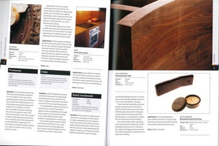 Fruitwood
Iroko
• Cherry
• Apple
• Pear
This range of deciduous hardwood fruiting
trees are used for their decorative appearance
combined with moderate strength. Cherry is the
most well known.
• Iroko
Iroko is an African hardwood that is naturally
resistant to chemicals and decay. It has similar
properties to teak and so is often-used as a
cheaper alternative.
FRUITWOOD
Bread board
Made by: Unknown •
Material: cherry
Manufacture: Hand carved
Notes: Cherry is a hard, dense and
decorative wood.
Apple (Malus species) is a slow
growing and not very tall tree. This
means that it is difficult to obtain large
planks of it. The timber has a tightly
packed grain and is heavy and hard. Like
other fruitwoods, apple shrinks a great
deal as it is dried, and this can cause
warping and cracking.
Pear trees (Pyrus species) are similar
to apple trees.- they are slow growing and
not very tall. The timber varies from light
pinkish brown to yellowish brown. It has
a tight grain and smooth, hard surface.
Applications: These woods are available
as sawn timber and veneer. They are used
for turning, machining (page 782) and as
decorative veneers. Cherry is used in
furniture, cabinets, floors and doors,
Apple and pear are used for ornaments,
tableware, wooden instruments and
furniture. They have fragrant smoke, so
are used to flavour food and tobacco.
Costs: High,
Designer:
Date:
Material:
Manufacture:
Retrouvius
Completed 2006
Reclaimed iroko
Machining
Applications: Sawn timber and veneer
are used for flooring, decking, outdoor
furniture, worktops and general joinery.
It has been used in laboratories due to its
resistance to chemicals and water decay.
Costs: Moderate.
IROKO
Iroko work surface
Qualities: Cherry {Prums species) has
distinctive and desirable heartwood
of a rich reddish brown colour that
gradually darkens with age. Sometimes
it is speckled with darker patches. It is
moderately slow growing and reaches
heights of 30 m (98 ft) or so. There
are many different species including
American cherry (black cherry), wild
cherry and Brazilian cherry. Once dried it
15 Stab,e' moderately dense and strong.'
It has a straight and uniform grain that
can be polished to a high finish. The
heartwood is resistant to decay. However,
it is a high cost timber and so is often
us6d as a. veneer.
Qualities: Iroko [Chlorophora species) is
an African hardwood. It is endangered
and protected in some countries, but
there is sufficient production from other
sources for it to be competitively priced.
It has light yellow sapwood and brown
heartwood. It is used for decorative
appeal as well as durability and strength.
Iroko contains natural oils that protect
it from water decay and chemicals
Outdoors it gradually turns silvery grey
Its interlocking grain produces good
mechanical properties, but can cause
tearing during machining (page 182).
Hard calcium carbonate deposits in the
wood fibres can blunt cutting tools.
Exotic hardwoods
• Mahogany . Teak
•Ziricote -Ebony
• Keruing . Weng.
• Rosewood
This is a group of highly decorative timbers with
lustrous colours. Certain species are very hard
and durable. Some are endangered.
Qualities: These woods are highly priced
and hard to come by, due to their places
of origin, desirability and rate of growth
They are prized for their lustrous colours;
ebony [Diospyros ebenum) is black or very
dark red, ziricote [Cordia dodecandm) has
a deep, contrasting swirling grain, wenge
(Millettia laurentii] is a dark chocolate,
EXOTIC HARDWOODS
Reclaimed teak stool
Designer: Mandala
Date: 2006
Material: Reclaimed teak
Manufacture: Hand carved
rosewood {Dalbergia species) is a veined
brown and mahogany (Khaya species) is
a rich brown that darkens with age.
These materials, especially ebony and
wenge, are very hard and resistant to
denting.Teak (Tectona species), keruing
[Dipterocarpus species) and mahogany
contain natural oils that protect them
against decay, so are popularfor outdoor
furniture, decking and boat building.
Care must be taken when specifying
or purchasing exotic hardwoods. Certain
endangered species (such as Swietenia,
the original mahogany) are protected by
international legislation, and permits are
requi re d for tradi n g.
Applications: Limited availability as
sawn timber and veneers. They are used
in flooring,furniture, ornaments,musical
instruments and for decorative inlay.
Costs: High to very high.
EXOTIC HARDWOODS
Bluetooth ziricote Pip*Phone
Designer/client: Nicolas Roope and Kam Young/
Hulger
Date: 2005
Material: Ziricote
Manufacture: CNC machined
 