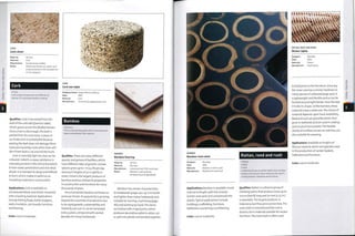 o
o
o
>
>
CD
XI
CORK
Cork sheet
Made by: Various
Material: Cork
Manufacture: Compression molded
Notes: Sheets and blocks are made up of
scrap produced in the manufacture
of cork stoppers.
Cork
• Cork
Cork is light, buoyant and up to 85% air by
volume. It is naturally resistant to decay.
Qualities: Cork is harvested from the
bark of the cork oak [Quercus suber),
which grows across the Mediterranean.
On ce a tree i s ol d en ough, th e bark i s
peeled from the tree every io years or
so. Production is sustainable because
peeling the bark does not damage these
trees permanently; most other trees will
die if their bark is cut around the trunk.
Cork is naturally light tan, but can be
coloured. Suberin, a waxy substance, is
naturally present in the cork and protects
it from water penetration and microbial
attack. It is resistant to decay and difficult
to burn, which makes it useful as an
insulating material in construction.
Applications: Cork is available as
compressed blocks and sheets mounted
onto a backing material. Applications
include fishing floats, bottle stoppers,
seals, insulation, pin boards, furniture
andflooring.
Costs: Low to moderate.
CORK
Cork low table
Designer/client: Jasper Morrison/Moooi
Date: 2002
Material: Cork
Manufacture: Turned from agglomerate cork
Bamboo
• Bamboo
This is a fast growing grass that is harvested and
used as a hardwood-like material.
Qualities: There are many different
species and genera of bamboo, which
have different rates of growth. Certain
species grow up to i m (3.3 ft) per day
and reach heights of 30 m (98 ft) or
more. China is the largest producer of
bamboo and has utilized its properties
in construction and furniture for many
thousands ofyears.
Once harvested, bamboo continues to
send out shoots. Its popularity is growing
beyond the countries of production due
to its rapid growth, sustainability and
relatively low cost. It can be harvested
every 4 years, compared with several
decades for many hardwoods.
BAMBOO
Bamboo flooring
Made by: Various
Material: Bamboo
Manufacture: Laminated and CNC machined
Notes: Bamboo is fast growing,
hardwearing and lightweight.
Bamboo has similar characteristics
to hardwoods (pages 472-9). It is harder
and lighter than many hardwoods and
suitable for turning, machining (page
182) and working by hand. The stems
are hollow with ringed joints, which
produces decorative patterns when cut
or split into planks and bonded together.
Rattan, reed and rush
• Rattan
• Reed
• Rush
Collectively known as wicker (which also includes
bamboo and willow), these materials are used in
making baskets, tableware and furniture.
Designer: Mandala
Date: 2006
Material: Rattan
Manufacture: Hand woven
to bind joints in the furniture. Once dry,
the inner core has a similar hardness to
many species of softwood (page 470). It CD
33
is lightweight and flexible and so can be
formed around tight bends. Once formed
it holds its shape. Unlike bamboo, these
materials have a solid core.The choice of
material depends upon local availability.
Reed and rush are grasslike plants that
grow in wetlands and are used in seating
and musical instruments. The flexible
shoots of a willow, known as switches, are
also suitable for weaving.
Applications: Available as lengths of
fibrous material, which are typically used
in the production of wicker baskets,
tableware and furniture.
Costs: Low to moderate.
Designer: Mandala
Date: 2005
Material: Bamboo in black resin
Manufacture: Molded and machined
RATTAN, REED AND RUSH
Wicker lights
BAMBOO
Bamboo resin stool
Applications: Bamboo is available round
and cut to length, split into strands
(wicker and cane) and compressed into
planks.Typical applications include
buildings, scaffolding, furniture,
tableware, countertops andflooring.
Costs: Low to moderate.
Qualities: Rattan is a diverse group of
climbing palms that produce vines up to
200 m (656 ft) long and 70 mm (2.75 in.)
in diameter.The largest producer is
Indonesia, but they grow across Asia.The
outer bark is removed and the core is
dried to form material suitable for wicker
furniture. The outer bark is often used
 