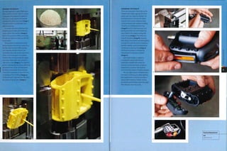 MOLDING THE PEDALITE
The raw material 1s a glass-filled nylon
that is white in its raw state, if a colour
is required, then pigment is added. In
this case a small quantity of Clariant
masterbatch yellow was used (Image i).
The end result is a surprisingly vivid
yellow colouring.
In normal operations, the injection
molding process takes place behind a
screen within the machine (image 2),
but for the purposes of this case study
the dies are shown in close-up with the
screen open.
The polymer is melted and mixed
before injection into the die cavity. Once
the die cavity has been filled, packed
and clamped, and the polymer has
resolidified, the male and female halves
of the mold move apart. The product
is held in the moving tool by the upper
and lower retractable cores and the 2
side-action cores (image 3), The injection
point is indicated by the sprue, which has
remained intact, to be removed either
by hand or robotically. The 4 cores are
retracted in sequence, to reveal the true
complexity of this molding (image 4).
Finally, the part is ejected from the mold
by a series of ejector pins (image 5).
ASSEMBLING THE PEDALITE
There are many parts that make up the
Pedalite (see image, page 54). All of the
plastic parts are injection molded.The
bearing locator is a friction fit, which
requires more precise tolerance than
can be achieved with injection molding.
Therefore, it is drilled post-forming
(image 6) and the bearing locator and
bearing inserted. The overmolded end
cap is fixed to the pedal housing with
screw fixings (image 7). The reflectors
snap fit into place (image 8), ensuring
that all the components are held together
securely.The snap fits can be released so
that the Pedalite can be dismantled for
maintenance and recycling (image 9).
The finished product is installed by
conventional means onto a bicycle
(image 10).
Cycle pedal design is subject to
considerable safety and technical
restrictions. Pedalite eliminates the
expense and inconvenience of battery
replacement, as well as the negative
environmental Impact of battery disposal.
The 24/7 light output of Pedalite does
not replace existing cycle safety lighting,
but supplements it and also provides a
unique light 'signature' (lights moving
up and down) that helps motorists judge
their distance from the cyclist.
IO
Featured Manufacturer
ENL
www.enl.co.uk
 