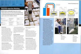Forming Technology
Reaction Injection Molding
INTRODUCTION
These are low pressure, cold cure
processes. Cold cure foam molding
is generally attributed to molding
PL) R foam for upholstery and sports
equipment, whereas RIM covers molding
all types of PUR including foam. In both
processes, the density and structure of
PUR are chosen to suit the application.
As well as low, medium and high
volume production, this process is
commonly used to prototype parts
that will be injection molded (page
50) because the tooling is much less
expensive than for injection molding,
while repeatability and accuracy are high.
TYPICAL APPLICATIONS
Popular uses include domestic and
commercial furniture such as chairs,
car, train and aeroplane seats, armrests
and cushions.These processes are also
suitable for cushioning functions in
footwear, such as in the soles, and for
safety and tactility in toys.
RIM is chosen a great deal in the
automotive industry for products such as
bumpers,under-bonnet applications and
car interiors. It is utilized in the medical
and aerospace industries for niche
products and low volume production
runs, too.
RELATED PROCESSES
Bulk foam geometries are also formed
by CNC machining (page 186) orfoam
fabrication.This technique is often
utilized to cover wooden structures in
upholstery (page 342). Foam molding is
becoming more widely used, for example,
in the production of furniture and car
seats-new formulations of PURfoam
producing fewer isocyanates, so they are
therefore less toxic.
Vacuum casting (page 40) is used
to form similar geometries in PUR,
but is typically applied to smaller and
more complex shapes. Vacuum casting
and RIM are chosen to prototype
and manufacture low volumes.The
properties of the part are similar to
injection molding.
QUALITY
The quality of the surface finish is
determined by the surface of the mold.
The tooling can be produced in glass
reinforced plastic (GRP), etched or alloyed
steel. Even though this is a low pressure
process, the liquid PUR reproduces fine
surface textures and details very well.
DESIGN OPPORTUNITIES
This is an extremely versatile process
as the mechanical properties of the
cured PUR can be designed to suit the
application.The flexibility of foam can
range from semi-rigid to very rigid, and
the density can be adjusted from 40 kg/
m3 to 400 kg/m3 (2.5-25 lb/ft3).The outer
skin andinnerfoam can have contrasting
properties to form parts with a rigid skin
andlightweight foam core, for example.
RIM is similarto injection molding:
parts can be textured and the surface
• Low to moderate tooling costs, depending
on the size and complexity of molding
Typical Applications
• Automotive
• Furniture
• Sporting goods and toys
Suitability
• One-off to high volume production
Quality
• High quality moldings with good
reproduction of detail
Related Processes
• CNC machining
• Injection molding
• Vacuum casting
Speed
• Rapid cycle time (5-15 minutes),
depending on complexity of molding
Reaction injection molding (RIM) includes cold cure foam
molding. Both processes are used to shape thermosetting foam
by injecting thermosetting polyurethane resin (PUR) into a mold,
where it reacts to form a foamed or solid part.
Part A: liquid isocyanate
Part B: liquid polyol
Cold Cure Foam Molding Process
Lower mold
Steel framework
Upper mold
Runners
Retractable core
Bung inserted
Stage 1; Mold filled
TECHNICAL DESCRIPTION
In stage 1, the molds are cleaned and
a release agent is applied. Inserts and
frames are then put into place and the
mold Is clamped shut. The 2 ingredients
that react to form PUR are stored In
separate containers. The polyol and
Isocyanate are fed Into the mixing
head, where they are combined at high
pressure. The predetermined quantities
of liquid chemicals are dispensed into the
mold at a low pressure. As they are mixed
they begin to go through a chemical
exothermic reaction to create PUR.
During stage 2 the polymer begins to
expand to fill the mold. The only pressure
on the mold is from the expanding liquid,
so molds have to be designed and filled to
ensure even spread of the polymer while
it is still in its liquid state. As the polymer
expands the runners allow trapped air to
escape. A bung is Inserted in the gate to
maintain internal pressure in the mold.
In stage 3, the product is demolded
after 5-15 minutes. Shot and cycle times
vary according to the size and complexity
of the part. The upper and lower sections
of the mold are separated and the cores
are removed. The mold Is then cleaned
and prepared for the next cycle.
Upper mold raised
Core retracted
Stage 2: Polyurethane formed Stage 3: Demolded and trimmed
Above
A predetermined
measure of polyol and
isocyanate is dispensed
into a plastic bag
to demonstrate the
reaction process.
Above
The 2 liquids react
and expand to form
lightweight and flexible
foam.The reaction
isi-way,so once the
material has been
formed it cannot be
modified except by
CNC machining.
 