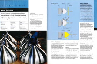 Forming Technology
Metal Spinning
Spinning is the process of forming rotationally symmetrical
sheet metal profiles. It is carried out on a single-sided tool, as
progressive tooling or - in a process known as spinning on-air'
- without tooling at all.
Costs
• Low tooling costs
• Moderate unit costs
Typical Applications
• Automotive and aerospace
• Jewelry
• Lighting and furniture
Suitability
• One-offs and low to medium volume
production
Quality
1 • Variable: surface finish is largely
dependent on the skill of the operator and
the speed of the process
Related Processes
• Deep drawing
• Metal stamping
Speed
• Moderate to rapid cycle time,
depending on part size and complexity,
and the type and thickness of material
INTRODUCTION
Although metal spinning is an industrial
process, it has retained elements of
craft. The combination of these qualities
makes this a very satisfying process with
which to work.
Metal spinning can be utilized to
form sheet profiles including cylinders,
cones and hemispheres. It is frequently
combined with punching, fabrication
or pressing to provide a wider range
of design opportunities such as
flanged edges, asymmetric profiles and
perforated shapes.
Spinning Process
TYPICAL APPLICATIONS
This process is utilized in the furniture,
lighting, kitchenware, automotive,
aerospace and jewelry Industries. Some
typical products made in this way
include anglepoise lampshades, lamp
stands, flanged caps and covers, clock
facades, bowls and dishes.
RELATED PROCESSES
Metal stamping (page 82) and deep
drawing (page 88) are capable of
producing similar profiles in sheet metal.
Metal spinning is often combined with
pressing and metal fabrication to achieve
more complex geometries, a wider range
of shapes and technical features. Simple
profiles can be extruded or fabricated
and time scales, quantities andbudget
determine the appropriate choice.
QUALITY
A very high finish is achievable by skilled
operators with manual and automated
processes.The quality of the inside
surface finish is determined by the mold
and the outside surface finish is shaped
by the tool. Manual and automated
techniques are often combined for
optimum quality. There is no tooling for
spinning on-air and the inside surface
finish is therefore not affected.
TECHNICAL DESCRIPTION
In stage 1 of the spinning process, a
circular metal blank is loaded onto the
tool (mandrel). In stage 2, the metal blank
and mandrel are spun on the lathe and a
rolling wheel forces the metal sheet onto
the surface of the mandrel. This stage of
the process is similar to throwing clay on
a potter's wheel. The metal is gradually
shaped and thinned as it is pressed onto
the mandrel. In this case the finished part
cannot be removed from the mandrel until it
is trimmed. In stage 3, the mandrel is split
so that a re-entrant angle can be shaped
in the neck of the part. The top and bottom
are trimmed and the part is demolded. The
whole process takes less than a minute.
DESIGN OPPORTUNITIES
Metal spinning is an adaptable process.
Tooling for manually operated low
production runs is relatively inexpensive.
This means that designers can realize
their ideas with this process early on
and make structural and aesthetic
adjustments to the 3D form. Ribs,
undulations and surface texture can
be integrated into a single spinning
operation. Steps or ribs can reduce wall
thickness and so produce thinner and
more cost-effective parts.
Textures can be integrated onto only
1 side of the part because a low profile
texture on the mold will not be visible
on the opposite surface. Metal spinning
can also form meshes and perforated
sheet materials.
The tool (mandrel) can be male or
female depending on the part geometry.
In both cases only 1 tool is required, unlike
matched tooling used in deep drawing
and stamping.Therefore, changes are
relatively inexpensive and the tooling
costs are considerably reduced.
DESIGN CONSIDERATIONS
Metal spinning is limited to rotationally
symmetrical parts. The ideal shape for
this process is a hemisphere, where the
diameter is greater than or equal to
twice the depth. Parts that have a greater
 