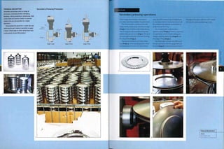 TECHNICAL DESCRIPTION
Secondary pressing covers a range of
processes, including further stamping,
bending, rolling, beading or embossing. Side
action tools are used to create re-entrant
angles that are not possible in a single
operation.
Exchanging the punch for a roller die and
spinning the part makes it possible to apply
a bead, rolled edge or other detail that runs
continuously around the product.
Secondary Pressing Processes
Metal
platform
Stripper
Side action
Stage 1: Load Stage 2: Press Stage 3; Strip
T
Case Study
Secondary pressing operations
These images demonstrate some typical
secondary pressing and deburring operations.
The first example is a product from the
Kalisto family, designed by Clare Brass in 1992
(image 1). First of all the metal is deep drawn.
Then it is placed onto separate tooling that
applies sideways pressure (image 2). The parts
are spun against the side ofthe tool, forming
the side profile (image 3).
The second example is the Tralcio Muto
tray (image 4), which was designed for Alessi
by Marta Sansoni in 2000. It is punched on
page 263. If this product was manufactured
in very large volumes, these processes would
be combined into adjacent workstations as
progressive die forming.
The stamped plate is placed onto a
spinning clamp (image 5). There is a sequence
of 3 operations, which include cutting (see
image 8, page 85), deburring (image 6) and
then edge rolling (image 7).
The rolled edge increases the stiffness of
the part and means thinner gauge steel can
be used (image 8). It also improves the feel of
the edge ofthe plate; without a roll it would
feel very thin and would damage easily.
 