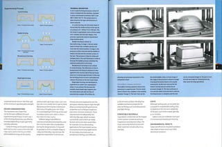 Superforming Process
Cavity forming
Stage 1; Preheated sheet loaded stage 2; Pressure applied
Bubble forming
LUl
EH]
Stage 1; Preheated sheet loaded
and blown
Backpressure forming
Stage 2: Vacuum applied
D 1}
Stage 1: Preheated sheet loaded Stage 2: Pressure applied
Diaphragm forming
1} ft D
Stage 1: Preheated sheet loaded Stage 2: Pressure applied
TECHNICAL DESCRIPTION
In all U superforming processes a sheet of
metal is loaded into the machine, clamped
in place and heated to between 450°C and
500°C (840-932oF). The temperature is
determined by the type and thickness of
sheet material.
In cavity forming, the hot metal sheet is
forced onto the inside surface of the tool by
air pressure at 1-30 bar (U.5-435 psi|. The
hot metal is superplastic and so forms easily
over complex and intricate shapes. This
process is generally used to manufacture
large shallow parts.
Bubble forming is similar to
thermoforming. In stage 1, the hot metal
sheet is blown into a bubble and the tool
rises into the mold chamber. In stage 2, the
pressure is then reversed and the bubble of
metal is forced onto the outside surface of
the tool. This process is ideal for deep and
complex parts. The wall thickness is uniform
because the bubble process stretches the
material evenly prior to forming.
Backpressure forming is very similar
to cavity forming. The difference is that in
backpressure forming air pressure is also
applied to the reverse side of the hot metal
sheet as it is being superformed. In this way
the forming process is more controlled and
reduces the stress on the hot metal sheet.
Diaphragm forming was developed to
superform so-called 'non-superplastic'
alloys. It can achieve this because the
metallic sheet diaphragm supports the
hot metal sheet and aids the flow of
material into complex 3D profiles, by
sustained tensile stress is less than 25%
of the minimum specified yield strength.
DESIGN CONSIDERATIONS
The maximum size of part that
can be formed is different for each
superforming technique. In each case, 1
of the limiting dimensions can often be
exceeded depending on part geometry
and alloy selection.
Cavity forming can be used to produce
parts up to 3,000 x2,000 x600 mm (n8
x 79 x 24in.) and 10 mm (0.4in.) thick,
while bubble forming can be used to
produce parts up to 950 x 650 x 300 mm
(37 x 26 x 12 in.) and 6 mm (0.236 in.) thick.
Backpressure forming has a maximum
plan area of roughly 4,500 mm2 (6.97
in.2), and diaphragm forming can be used
to produce parts up to 2,800 x 1,600 x
600 mm (110 x 63x24 in.).
Different alloys have different
mechanical and physical properties, and
this must be taken into consideration
during the design process. It may well
be possible to form a complex shape in
i alloy, but that alloy may not have the
properties requiredfor in-service use.
Primary structure applications for the
aerospace industry require high strength
alloys accompanied with good service
properties such as fatigue toughness
and stress corrosion resistance.These
requirements are adequately met
with the alloy 7475, which has been
successfully used to form air intake
lip skins and access door assemblies,
for example. For less demanding
applications the heat-treated version
of 2004 has found many applications
for secondary structures such as
aerodynamicfairings and stiffeners.
allowing unrestrained movement of the
component sheet.
THE BUBBLE FORMING SEQUENCE
The bubble forming sequence shows how
aluminium is superformed. The hot metal
sheet is blown Into a bubble in the molding
chamber (image 1). The tool rises up into
the metal bubble. Only a virtual image of
this stage of the process is shown in image
2 because the metal sheet is not usually
translucent. As the tool rises up the hot
metal is forced onto its surface by air
pressure (image 3). The tool continues to
rise and the metal is forced onto it until the
forming process is complete and the tool
can be retracted (image 4). The part is now
formed and ready for trimming and any
other post-forming operations.
In the formed condition the alloy has
suitable mechanical properties for
internal fittings such as kicking panels
andlight fittings.
COMPATIBLE MATERIALS
Superplastic metals that can be shaped
in this manner include aluminium,
magnesium and titanium alloys.The
most commonly formed aluminium
sheet materials include 5083,2004
and 7475.
COSTS
Although tooling costs can be quite low
compared to matched die tooling, they
do depend on the size and complexity
of the part. Cycle time is rapid, typically
5-20 minutes.
Labour costs are moderate. Each part
is trimmed and cleaned post-forming.
ENVIRONMENTAL IMPACTS
Scrap and offcuts are recycled to produce
new sheets of aluminium and other
aluminium products.
 