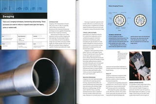 Forming Technology
Swaging
There are 2 swaging techniques, hammering and pressing. These
processes are used to reduce or expand metal pipe into tapers,
joints or sealed ends.
Cost Typical Applications Suitability
• Low to moderate tooling costs
• Low to moderate unit costs
• Probes and spikes
• Rigging
• Telescopic poles
• One-off to high volume production
Quality Related Processes Speed
• High precision • Arc welding
• Tube and section bending
• Rapid cycle time, but depends on
complexity of operation
INTRODUCTION
Swaging is the manipulation of metal
tube, rod or wire, in a die. It is typically
used to reduce cross section by
drawing out the material, but pressing
techniques are also capable of expanding
the diameter of pipe by stretching.
Hammering techniques are a rotary
operation, known as rotary swaging and
tube tapering.The ideal angle of taper
is no more than 300,but it is possible to
swage up to 450 where necessary. Smaller
angles are simpler, quicker and more cost
effective to produce. Rotary swaging is
capable of producing sealed ends in pipe.
Rotary Swaging Process
Pressing is a hydraulic operation and
is often referred to as'endforming'.The
pressing action is applied from multiple
angles simultaneously and can be used
to expand or reduce the diameter of pipe,
TYPICAL APPLICATIONS
Applications for swaging are diverse.
It is used to form large parts such as
cylindrical lampposts, connectors
andjoints for load bearing cables,
and piping for gas and water. It is also
widely employed for small and precise
products such as ammunition casing,
electrodes for welding torches and
thermometer probes.
Swaging is used a great deal to form
joints.There are 2 main types of joint,
friction fit andformed. Friction fit joints
can be taken apart any number of
times, whereas formed joints tend to be
permanent. Friction fit examples include
tent poles, walking frames, crutches
and other telescopic parts. Formed joint
examples include swaging a metal
lug or terminal onto cable for rigging
(sometimes known as atalurit splice),
electrical cables and throttle cables.
Tubes can also be swaged together to
form apermanent joint.
RELATED PROCESSES
Swaging is the most rapid and widely
used method for tapering and end
forming.Tapered metal profiles can
also be produced by ring rolling plate
(see tube and section bending, page
98) and arc welding (page 282) the
seam. Hydroforming is a recently
developed process that is capable of
forming complex hollow parts from
tube. However, it is currently much more
Hammer block
Channel
Die opening
control key
Open
TECHNICAL DESCRIPTION
In rotary swaging, the metal is
manipulated by a hammering action. This
is generated by hammer blocks, which
move in and out on the hammer block roll
as the spindle head rotates rapidly.
The die opening, which is at its full
extent when the spindle head rotates
and the hammer block rolls fall between
the annular rolls, determines the size
of the tube that can be swaged. The
dies are machined from tool steel (see
image, belowl.
DESIGN OPPORTUNITIES
It is possible to rotary swage tapers along
the entire length of pipe. For example,
if the maximum length of swage on a
particular machine is 350 mm (13.78 in.),
then longer tapers are made in 2 or more
stages. End forming, on the other hand,
is generally limited to short lengths of
Right
Fresh dies are machined
from tool steel for each
application, because
it is uncommon for 2
swaged products to
be alike.
expensive and specialized. Applications
include automotive chassis and high end
bicycle frames.
QUALITY
Swaging compresses or expands metal
during operation. Steel work hardens
in these conditions, which improves its
mechanical properties.
Components are typically produced to
tolerances of o.i mm (o.oo4in.).They can
be made even more accurate, but this
will increase cycle time considerably.
Ultimately, the quality is dependent
on the skill of the operator. The surface
finish is generally very good and can be
improved with polishing (page 376).
 