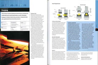 Forming Technology
Forging
The forming of metal by heating and hammering or pressing was
traditionally performed by blacksmiths on anvils. Nowadays,
forgings are made by hammering, pressing or rolling hot metal
with sophisticated dies and extreme pressure.
1 Moderate to high tooling costs
1 Moderate unit costs
Quality
• Excellent grain structure
Typical Applications
• Automotive and aerospace
• Hand tools and metal implements
• Heavy duty machinery
Related Processes
• Casting
• Machining
• Tube bending (ring rolling]
Suitability
• All types of production
Speed
• Rapid cycle time [typically less than
a minute) depending on size, shape
and metal
INTRODUCTION
Metal has been forged into high-
strength tools and implements for many
centuries. Examples include horseshoes,
swords and axe heads, which were
formed by blacksmiths hammering hot
metal on anvils.There are now many
different types of forging, which are used
to produce an array of products from
crankshafts to ice axes.The different
techniques can be dividedinto drop
forging, press forging and roll forging.
Drop forging is carried out as either
an open or closed die operation.The
processes forms hot metal billets
through repeated hammering.The main
difference between the closed and open
die techniques is that open die forging
is generally carried out with flat dies,
where as closed die forging shapes metal
by forcing it into a die cavity. Closed die
forging (also referred to as impression
die forging) is used to produce complex
and intricate bulk shapes. Open die
forging, on the other hand, is typically
used to 'draw out' a billet of metal into
shafts and bars and can produce parts up
to 3 m (10ft) long.
Press forging is essentially the same
as drop forging, except that parts are
formed by continuous hydraulic pressure,
as opposed to hammering. Press forging
is used to shape hot and cold metals; the
temperature of the metal is determined
by the material, part size and geometry.
Roll forging forms continuous metal
parts through a series of metal rollers.
This process is used to forge straight
profiles andrings (washers), which can
be up to 8.5 m (28 ft) In diameter and 3 m
Drop Forging Process
Closed die forging
Ram
Open die forging
Upper die
Hardened 1
steel tool .—.
y-" '-7
metal billet ,  /
1
1 Metal is
drawn out under
Anv"l
Lower die
Flash
Loading Initial press Loading Completed forging
TYPICAL APPLICATIONS
The high-strength nature of forged metal
parts makes them ideal for demanding
applications and critical components
that require excellent resistance to
fatigue. Forged components are found
in lifting equipment, aerospace, military
applications, cars and heavy machinery.
Many gears, plumbing parts, hand
tools and implements are forged. Car
axles and crankshafts are open die
forged. The heads of nails and bolts are
cold forged.
RELATED PROCESSES
Forging is suitable for one-offs and low
volume production as well as mass
production runs. At low volumes it is an
alternative to CNC machining (page 182),
and at high volumes it competes with die
or Investment casting (pages 124 and 130).
Ring rolling as covered in tube bending
(page 98) produces similar geometries to
roll forging, but they require welding,
whereas roll forged rings are seamless.
QUALITY
By its very nature,forging improves grain
structure in the finished part. Metal
billets go through plastic deformation as
they are forged and as a result the metal
grains align in the direction of flow. This
produces exceptional strength to weight
and reduces stress concentrations that
tend to occur in corners and fillets. Parts
TECHNICAL DESCRIPTION
The drop forging process is carried out
using either a closed or open die. An
open die Is typically used for drawing
out (elongating a part and reducing its
cross-section), upsetting (shortening a
part and increasing its cross-section) and
conditioning (preparing a part for closed
die forging). Open die forging is also used
to shape hexagonal and square section
bars. The tool face is generally square
or v-shaped for simple forming. The
workpiece is repositioned between each
drop of the hammer by the operator. This
requires a great deal of operator skill
and experience and is not suitable for
automation. Long profiles can be forged
in sections.
Closed die forging can be automated
for high volume production. The tools are
fabricated in tool steels (chromium-based
or tungsten-based) or low alloy steels.
The life expectancy of a tool is largely
dependent on the shape of the part, but is
also affected by the ductility of the forging
material. For example, stainless steel
must be heated to over 1250°C (2282°F)
and so stresses and wears the surface
of the tool much more rapidly than
aluminium, which is forged at only 500°C
(932°F). During operation, lubricant that
acts as coolant is applied to the surface of
the tool to cool it down and reduce wear.
In drop forging, the ram brings the
upper die into contact with the workpiece
under great pressure, from 50 kg/m2
to 10,000 kg/m2 (362-72,330 lb/ft2).
The force is generated by gravity fed
weights or by powered means (hydraulic
or compression) forcing the ram down.
Press forging is powered by hydraulic
rams, which force the metal into the
die cavity in a squeezing action. This
technique can be used to process metals
hot or cold. Cold metal forging is typically
used for small parts, no larger than
10 kg (22 lb). The advantage of cold
forging is that it can be used to produce
near net shape parts that do not require
secondary operations.
can be machined post-forging with no
loss of quality because there are no voids
or porosity in the finished article.
The tolerances range from 1 mm
(0.04 in.) in small parts up to 5 mm
(0.2 in.) in large parts,but vary according
to requirements because reducing
tolerances increases costs. Forging is
often combined with machining for
Improved accuracy.
DESIGN OPPORTUNITIES
Forging is suitable for low volume
production and one-offs.This is
 