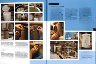 with water and a number of different
minerals to create various ceramic slips.
Deflocculants are added to the slip to
decrease the amount of water required
to make it fluid. This is achieved by aiding
the suspension of the clay particles in
water and reducing the porosity in the
final product.
COSTS
Tooling costs arelow.The plaster molds
are generally produced from a rubber or
clay master, which takes a great deal of
skill to create.They must be engineered
not only to eliminate undercuts, but also
to contain the least number of pieces.
Ideally, plaster molds comprise only 2 or 3
pieces in order to maintain cycle times.
Labour costs are moderate to high due
to the level of skill required, and they can
be especially high in handmade pieces.
This is by far the 1 argest expen se an d it
determines the cost of the parts.
ENVIRONMENTAL IMPACTS
During slip casting there can be up to
15% waste.The majority of this waste can
be directly recycled as slip. However, if the
parts have been fired then the ceramic
is no longer suitable for recycling.There
are no harmful by-products from these
pottery-forming processes.
Case Study
Slip casting the puzzle jug
A total of three molds are used in the
production of the puzzle Jug. Each mold is
cleaned and prepared and the bottom of the
mold and the locating points to the main
body of the mold are checked (image 1). In
turn each mold is filled to the brim with
casting slip made from earthenware (image
2). The molds are left to stand for 15 minutes,
or until a sufficient wall thickness has built
up as a deposit on the inside mold wall. The
remaining slip is poured from the mold into
a bath, where it will be recycled for another
mold (image 3).The slip casting is left in the
mold for 45 minutes while the plaster molds
continue to draw moisture from the slip and
turn it leather-hard (image 4).The slip casting
can then be demolded, but this has to be
carried out very carefully to make sure that
it retains its shape (image 5). The casting is
then left to air dry before any further work is
carried out (image 6).
The outer skin of the puzzle jug is then
pierced using a profiled punch (image 7).The
floral pattern is marked very lightly on the
mold so that each jug will look very similar
even though they have been handmade.
A slip is used to join the parts together so
they will become integral to the structure
during biscuit firing. The assembly process
consists of inserting and fixing the inner skin
(watertight) and outer skin together at the
rim, using slip (images 8 and 9), and placing
the handle on the jug (image 10).
After biscuit firing a cream glaze is applied
(image 11). The glaze is blue so that the
operator can see where the glaze has already
been applied. Finally the puzzle jug is placed
into the kiln for glaze firing, which takes up
to 8 hours (image 12), after which the finished
jug is removed from the kiln (image 13),
>
o
w
o
>
cn
Featured Manufacturer
Hartley Greens & Co. (Leeds Pottery)
www.hartleygreens.com
 