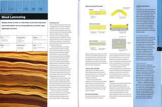 Forming Technology
Wood Laminating
Multiple sheets of veneer or solid timber are formed using molds
and bonded together by very strong adhesives, to produce rigid,
lightweight structures.
Costs
• Low tooling costs
• Moderate unit costs
Typical Applications
• Architecture
• Engineering timber
• Furniture
Suitability
• One-off to medium volume production
Quality
• High
Related Processes
• CNC machining
• Steam bending
Speed
• Medium to long cycle time (up to
24 hours)
INTRODUCTION
There is nothing new about the process
of bonding 2 or more layers of material
together to form a laminate. However,
as a result of developing stronger, more
water-resistant and temperature durable
adhesives, lighter and more reliable
structures can now be engineered in
laminated wood and so greater creative
opportunities have arisen in design and
architecture.There are 3 main areas of
wood lamination: solid wood, wood chip
and veneer lamination.
Solid wood bending is a cold press
process generally limited to a single
axis. It consists of bending sections of
wood and laminating them together
with adhesive. It is typically used to
form structural elements for buildings.
To make a tighter bend radii possible,
the wood can be kerfed, that is slots
can be cut into the inside of the bend,
perpendicular to the direction of bend.
Laminating then acts as a means of
locking the bend in place. Kerfing is a
useful modelmaking technique, as bends
can be formed in solid sections of wood
or in plywood without high pressure or
even tooling. Sheets precut with kerfing
already exist for this purpose,
Wood chip techniques are often used
to produce engineering timbers (page
465) for architectural applications such
as load bearing beams, trusses and eaves.
The products are manufactured using
high pressure and penetrating adhesives
to bond the wood chips permanently.
Veneer lamination is an exciting
process for designers, and over the years
it has been used a great deal in the
furniture industry by designers such
as A1 var Aalto, Walter Gropius, Marcel
Wood Laminating Processes
Kerfing 1 Parallel
UIMIMUT
IMJUlfUMr
Grain runs
perpendicular
to cuts
Solid wood lamination
Wood will be bent
along the grain
Adhesive applied to
inside surfaces
Adhesive applied to
inside surfaces
Breuer and the Eames, and more recently
the Azumis and BarberOsgerby, Veneers
are laminated onto a single mold, with
the addition of a vacuum or split mold.
The adhesives are cured by low voltage
h eatin g, radi ant h eati n g, radi 0 frequen cy
(RF) or at room temperature,
TYPICAL APPLICATIONS
Depending on the adhesive, wood
laminating processes can be used to
produce articles, such as furniture and
architectural products, for use both
indoors and outdoors.
Wood chip and solid timber
applications include engineering timber
products such as trusses, beams and
eaves, while veneer laminating and
kerfing are used to produce an array of
products that include seating, storage
and room dividers.
RELATED PROCESSES
Veneer laminating has been replaced
over the years by other composite
Adhesive applied to
inside surfaces
Parts bent by hand
or over a mold
Wood clamped onto
single sided mold
Plug (upper mold)
Veneers forced together
under pressure
constructions and metal processes. For
example, light aircraft were once made
from laminated veneers and are now
produced in high tech composites of
carbon, aramid, glass and thermosetting
resins, as developments in technology
have made this economically possible.
For certain applications, CNC
machining (page 182) is an alternative to
wood laminating. Steam bending (page
198) can be used to form solid timber.
A combination of these 2 processes is
frequently employed to achieve greater
flexibility in manufacture.
QUALITY
The quality of afinished wood laminated
article is high, although the parts
often require finishing operations and
sanding. The integral quality of the parts
is determined by the grade of timber
and strength and distribution of the
adhesive. Working with timber requires a
skilled workforce, and these processes are
no exception.
TECHNICAL DESCRIPTION
KERFING
In this process, a series of parallel cuts
are made in one side of the workpiece.
This can be done with a band saw, table
saw or router. The kerfs are usually
between one-third and three-quarters
of the depth of the workpiece. Locally
reducing the thickness of material
makes It more pliable, and a smooth
bend can be achieved if the kerfs are
cut close together. In the diagram 2
matching kerfed boards have been
bent and bonded together to hide the
kerfing. Kerfing can also be concealed
with thick veneer.
SOLID WOOD LAMINATING
Only gradual and large radii bends can
be formed using solid wood laminating.
Therefore this process is generally
used to strengthen a section of timber
by cutting it into sections and bonding
them back together in the desired
shape. Laminating reduces shrinkage,
twisting and warpage, which may
be critical to a building project, for
example. To maintain the balance
between tension and compression,
the sections must be inverted on one
another if they are cut from the same
log, to avoid warpage post-forming.
VENEER LAMINATING
This is carried out in a number of
ways, such as onto a single sided mold,
with the addition of a vacuum, or in
a split mold. All use the same basic
principle of laminating an odd number
of veneers (plies) perpendicular to
each other, as seen in plywood, with
adhesive under pressure. The wood
is the matrix for the adhesive, which
determines the lamination strength.
Adhesive is applied to the face of
each veneer as it is laid on top of the
last. The lay-up is symmetrical, with a
core made up of an uneven number of
plies and face veneers of a similar
material and equal thickness. This is
essential to ensure that the part does
not warp. Sheets are laminated this
way to improve their resistance to
shrinkage, warpage and twisting.
 